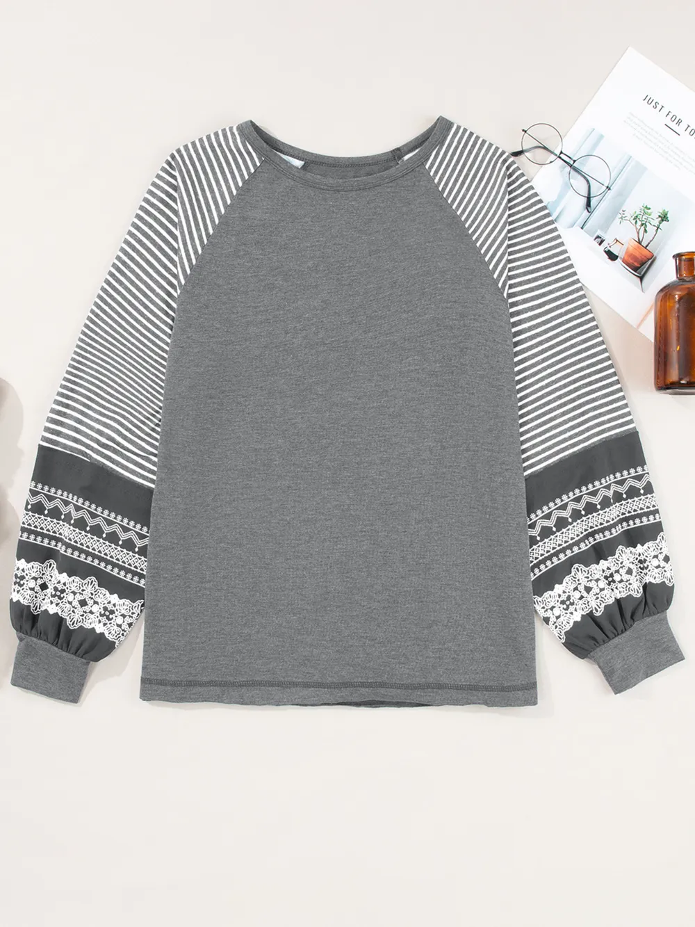 Contrast Print Striped Raglan Long Sleeve Loose Top, image 12