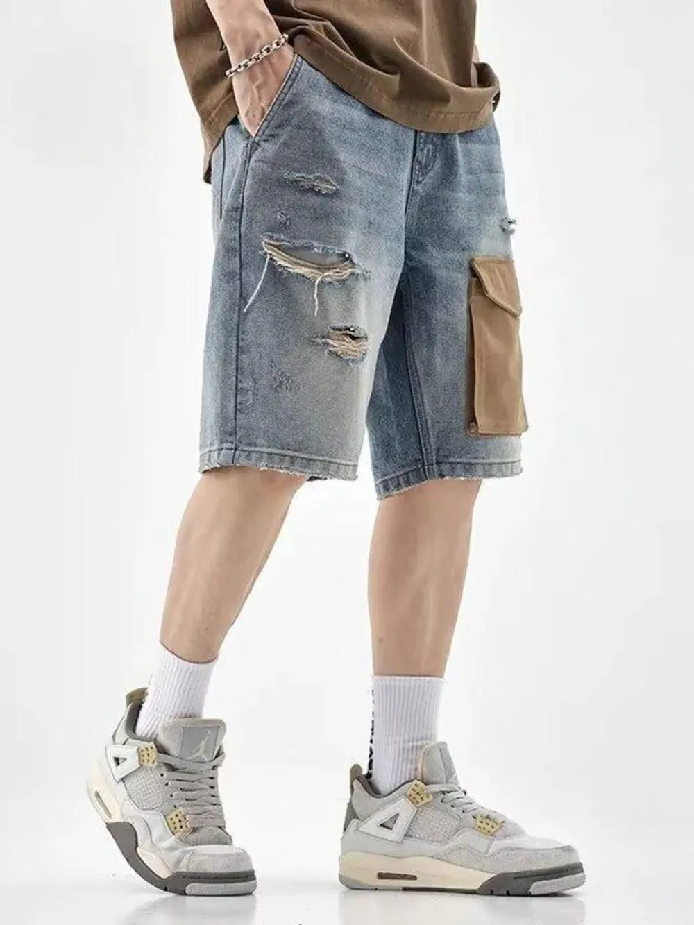 Men's Distressed Denim Shorts with Utility Pocket, image 3