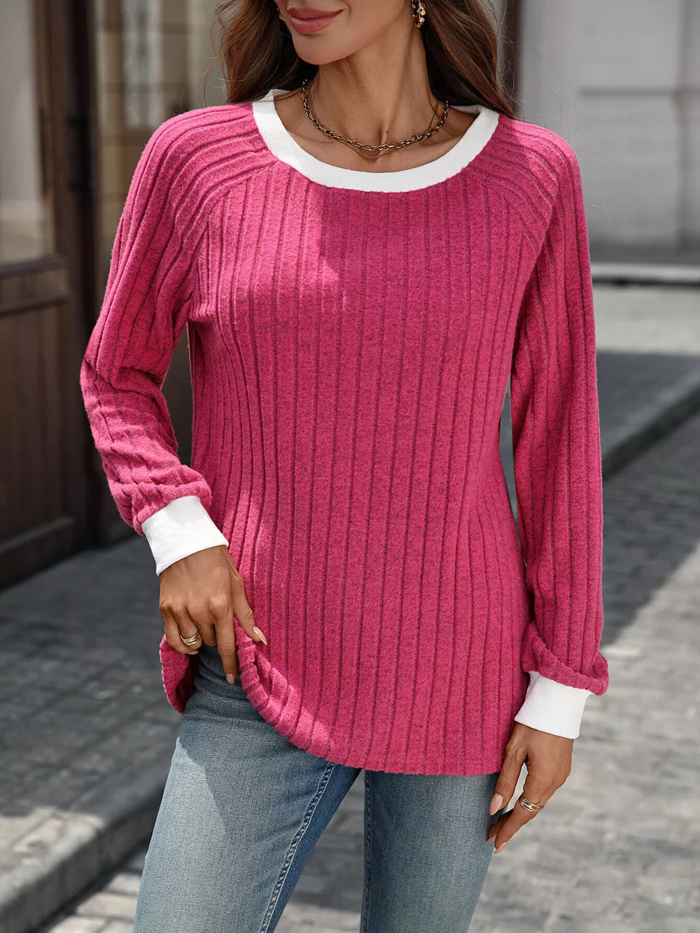 Ribbed Round Neck Raglan Sleeve Knit Top, image 19