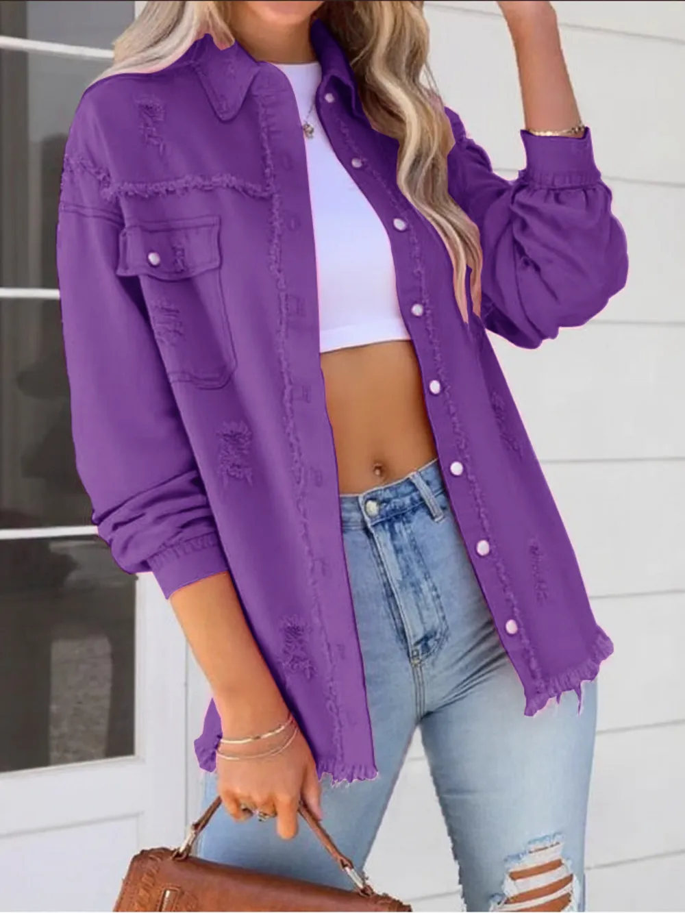 Distressed Denim Jacket with Frayed Edges, image 30