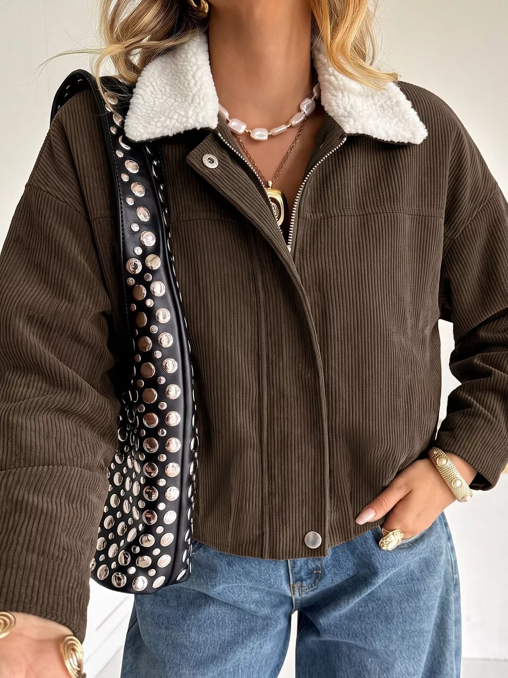 Contrast Sherpa Collar Corduroy Zip Up Jacket, image 2