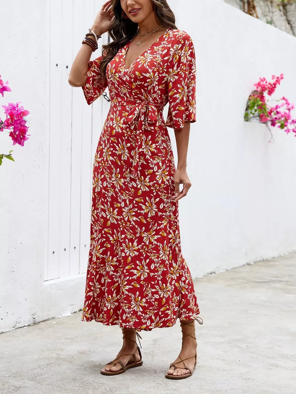 Slit Printed Surplice Midi Dress, image 11