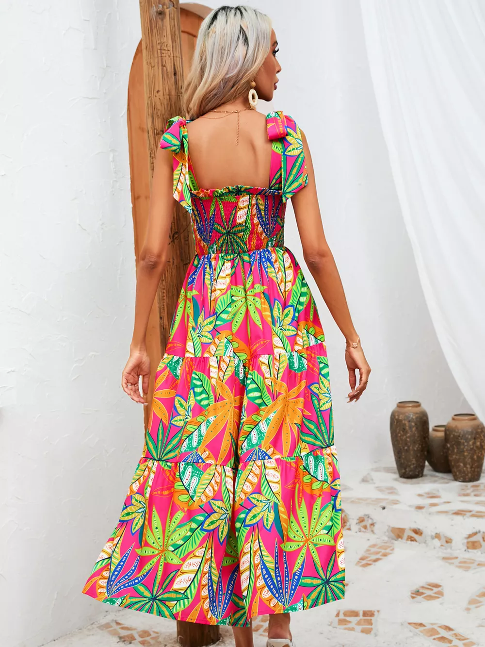 Tropical Print Smocked Tie-Strap Dress, image 4