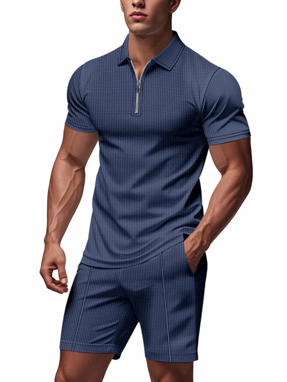 Men's Plus Size Quarter Zip Short Sleeve Top and Shorts Set, image 2