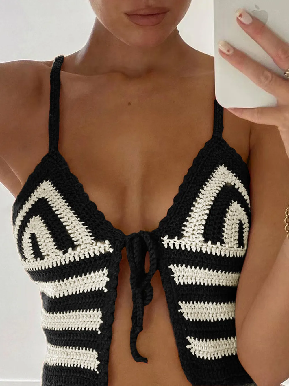Crochet Tie Front Striped Knit Cami, image 6