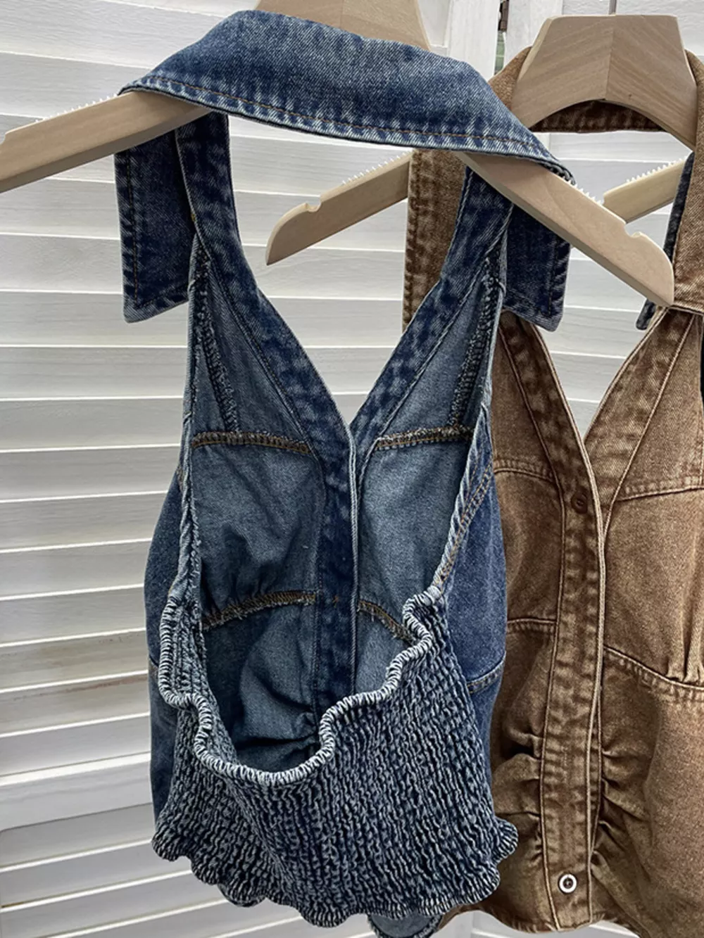 Smocked Denim Halter Collar Top, image 7