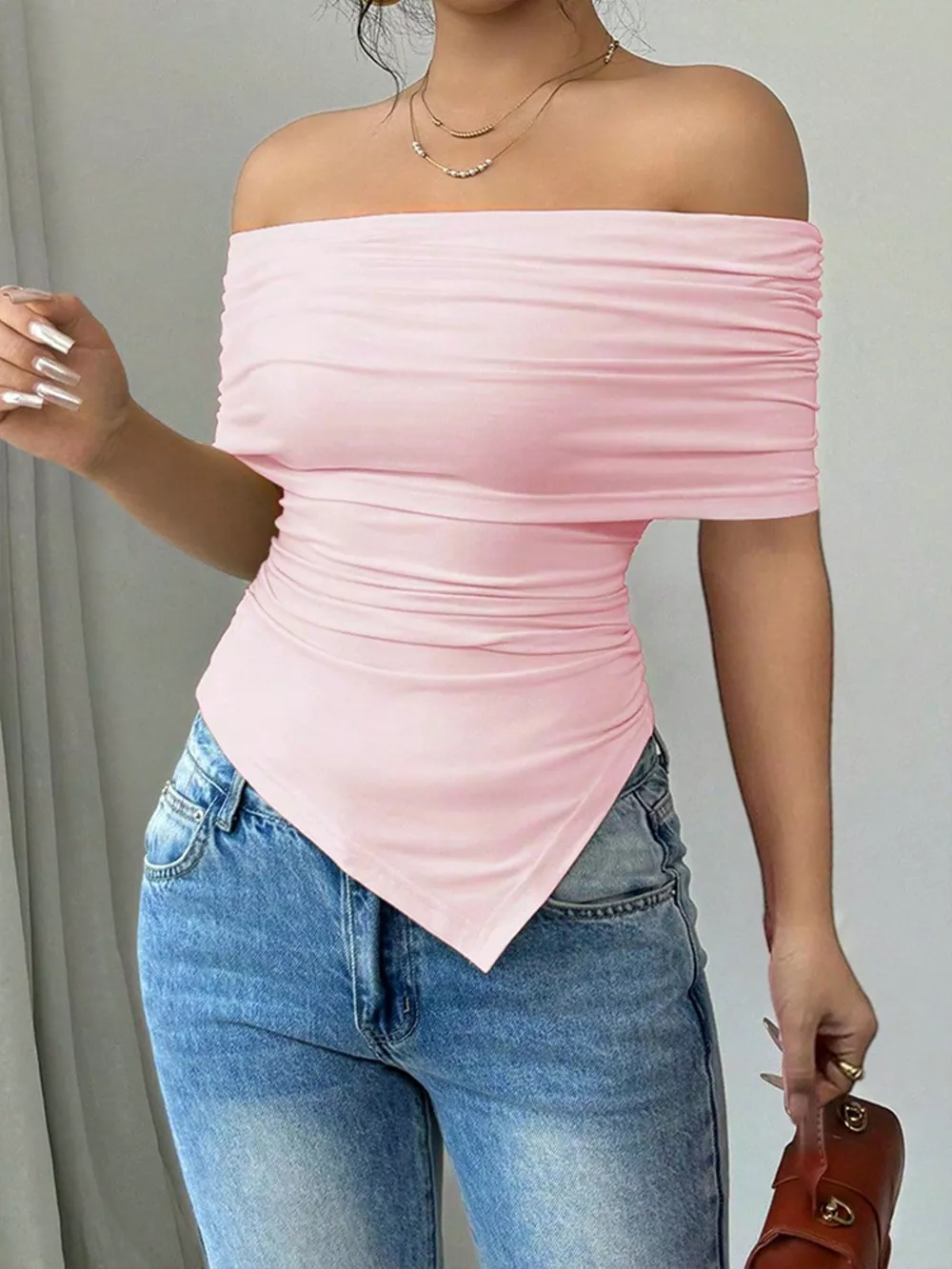 Off-Shoulder Ruched Asymmetrical Hem Top, image 7