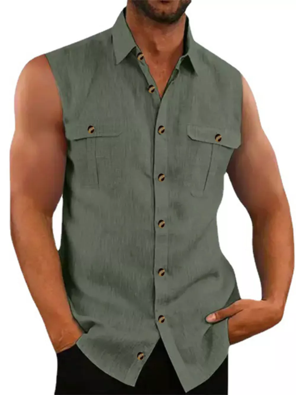 Men's Full Size Sleeveless Button-Up Shirt with Chest Pockets Plus Size, image 4