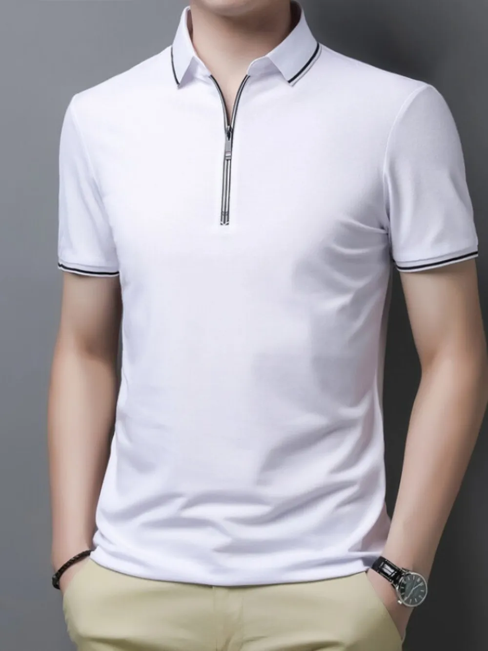 Men's Plus Size Half-Zip Contrast Trim Polo Shirt, image 4
