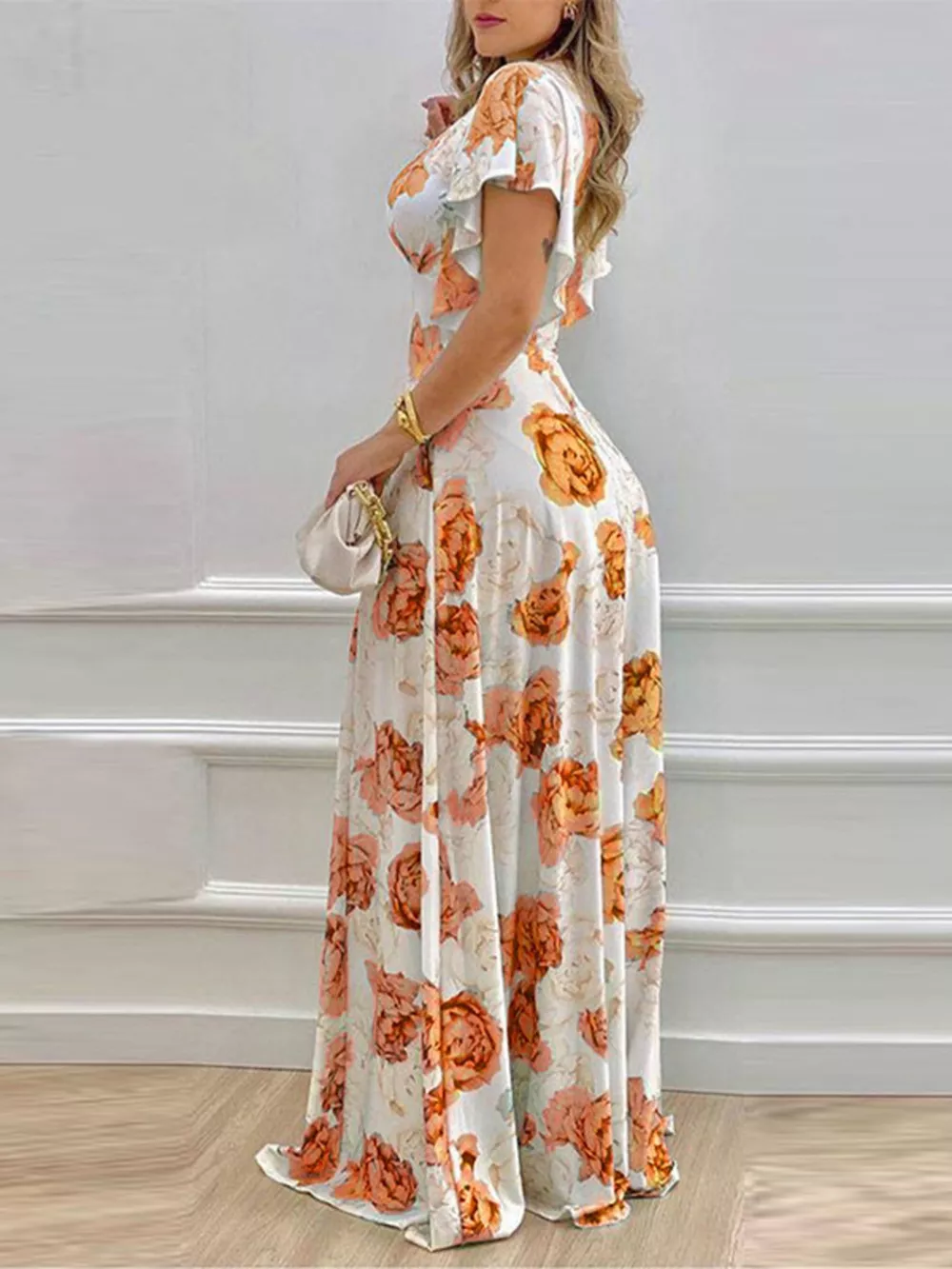 Floral Print V-Neck Ruffle Sleeve Maxi Dress, image 10