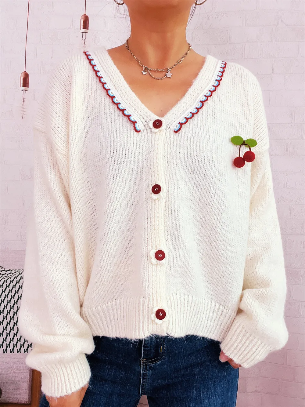 Cherry Button-Front Long Sleeve Cardigan, image 11