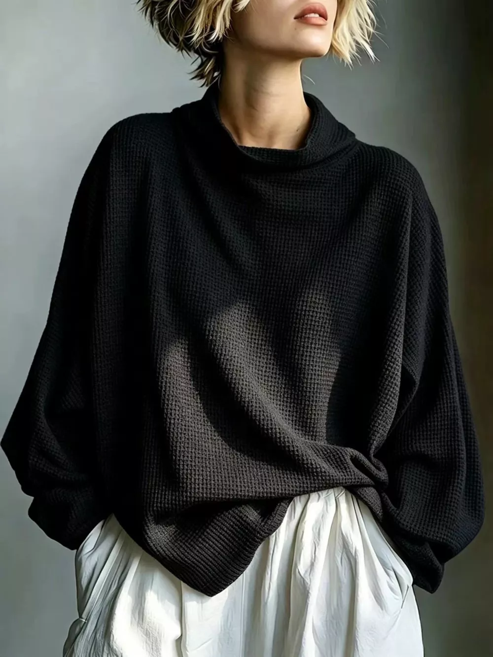Full Size Oversized Waffle Knit Mock Neck T-Shirt Plus Size, image 7