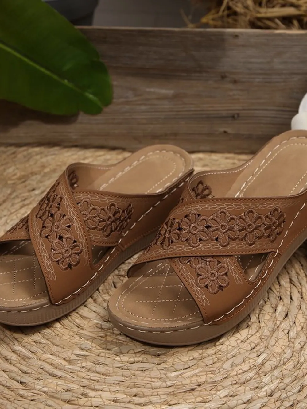 Crisscross Flower Wedge Sandals, image 15