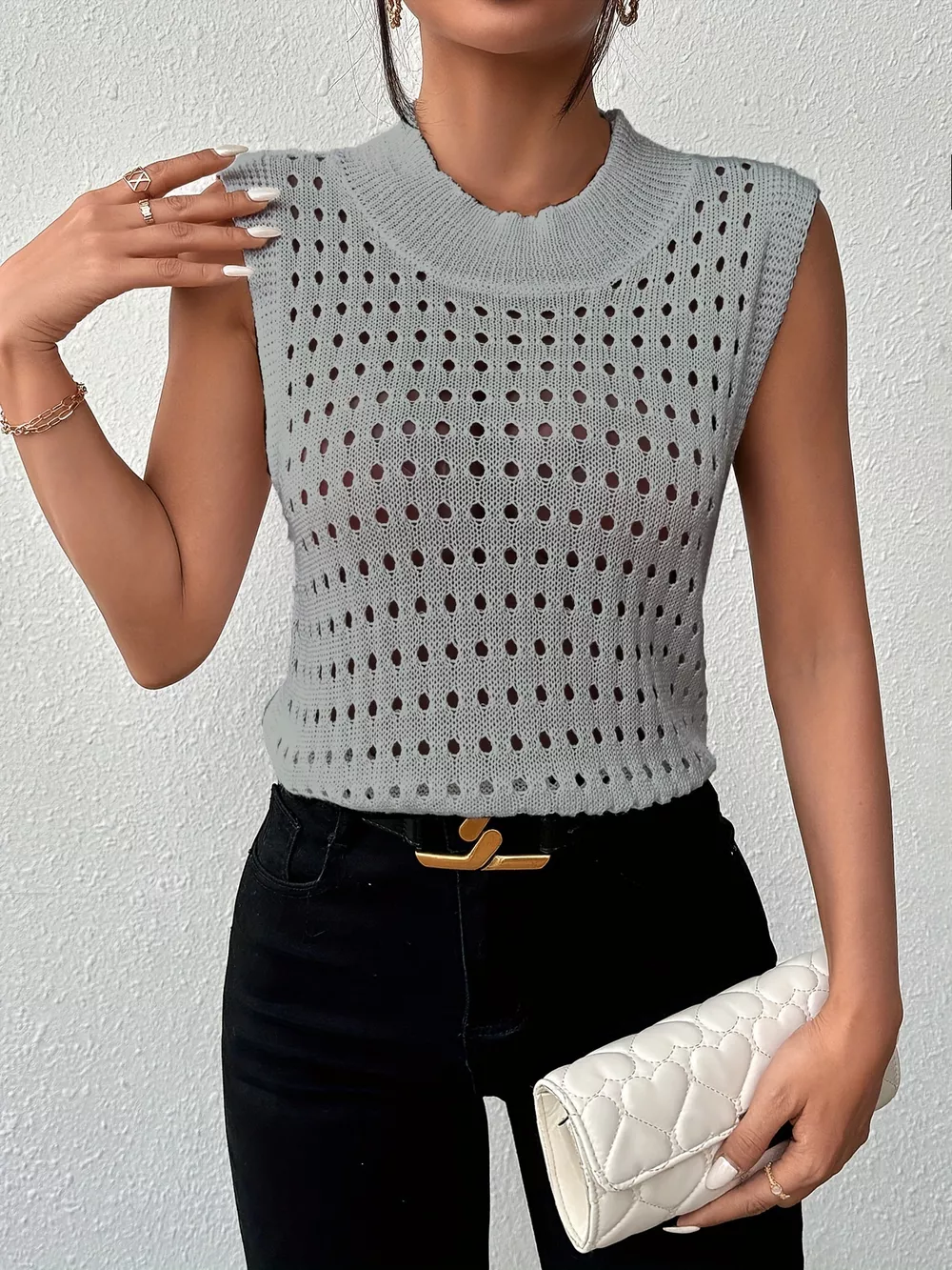 Hollow Out Round Neck Knit Tank, image 19