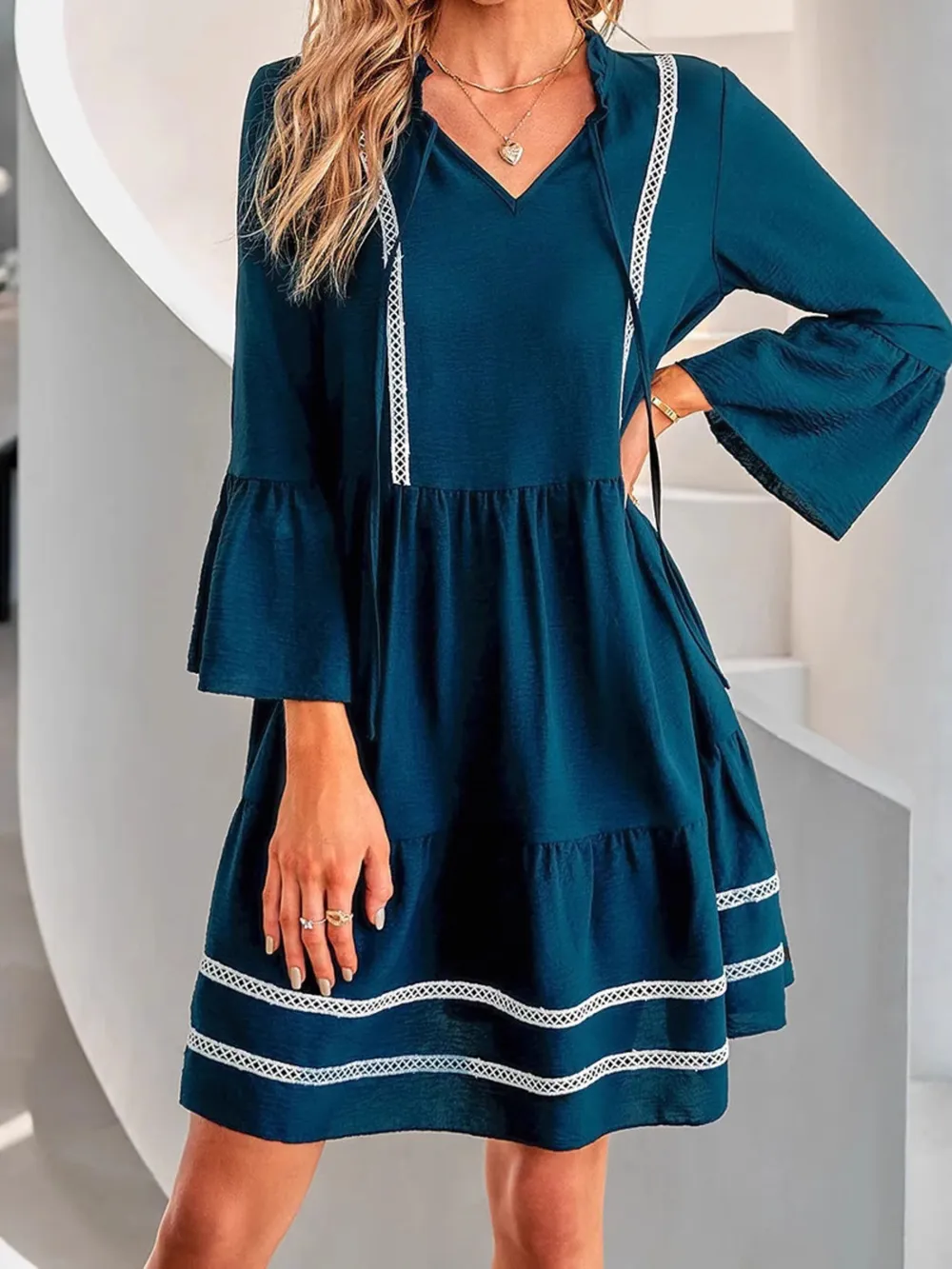 Tie-Neck Long Sleeve Mini Dress with Trim Detail, image 6