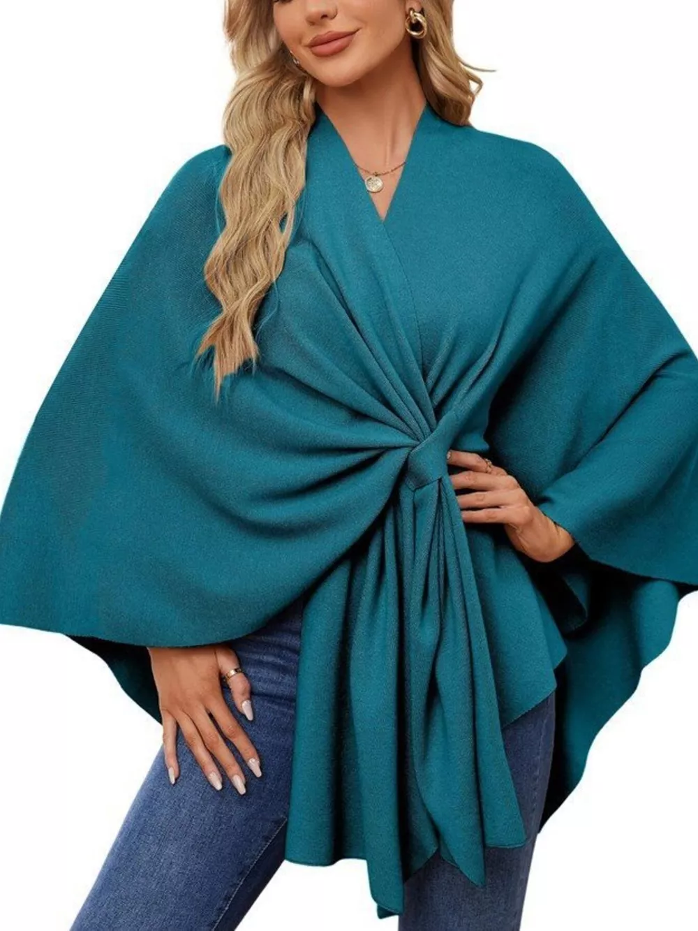 Solid Color Tie-Front Knit Cape Top, image 21