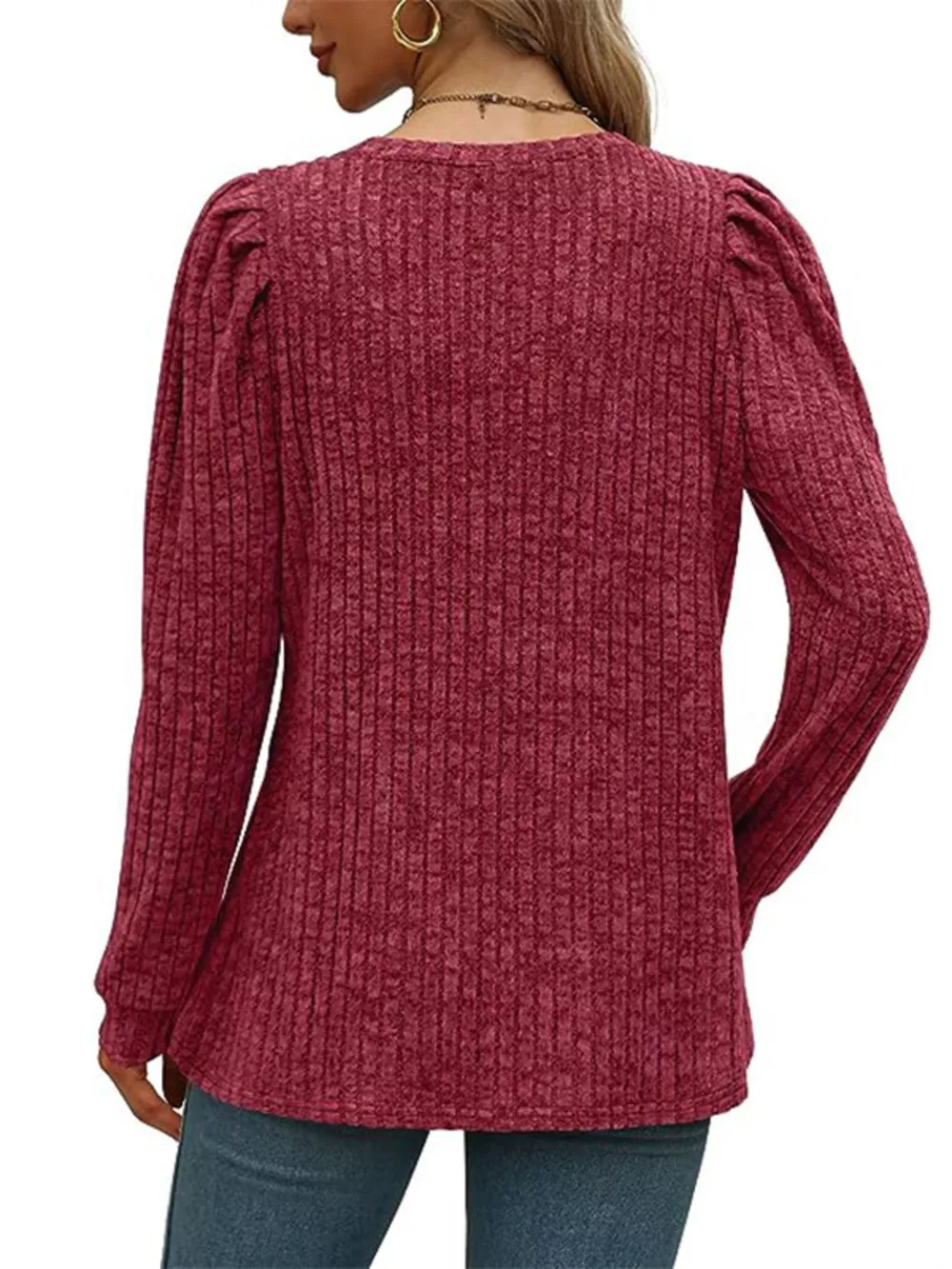 Ribbed Knit Top with Puff Sleeves, image 5