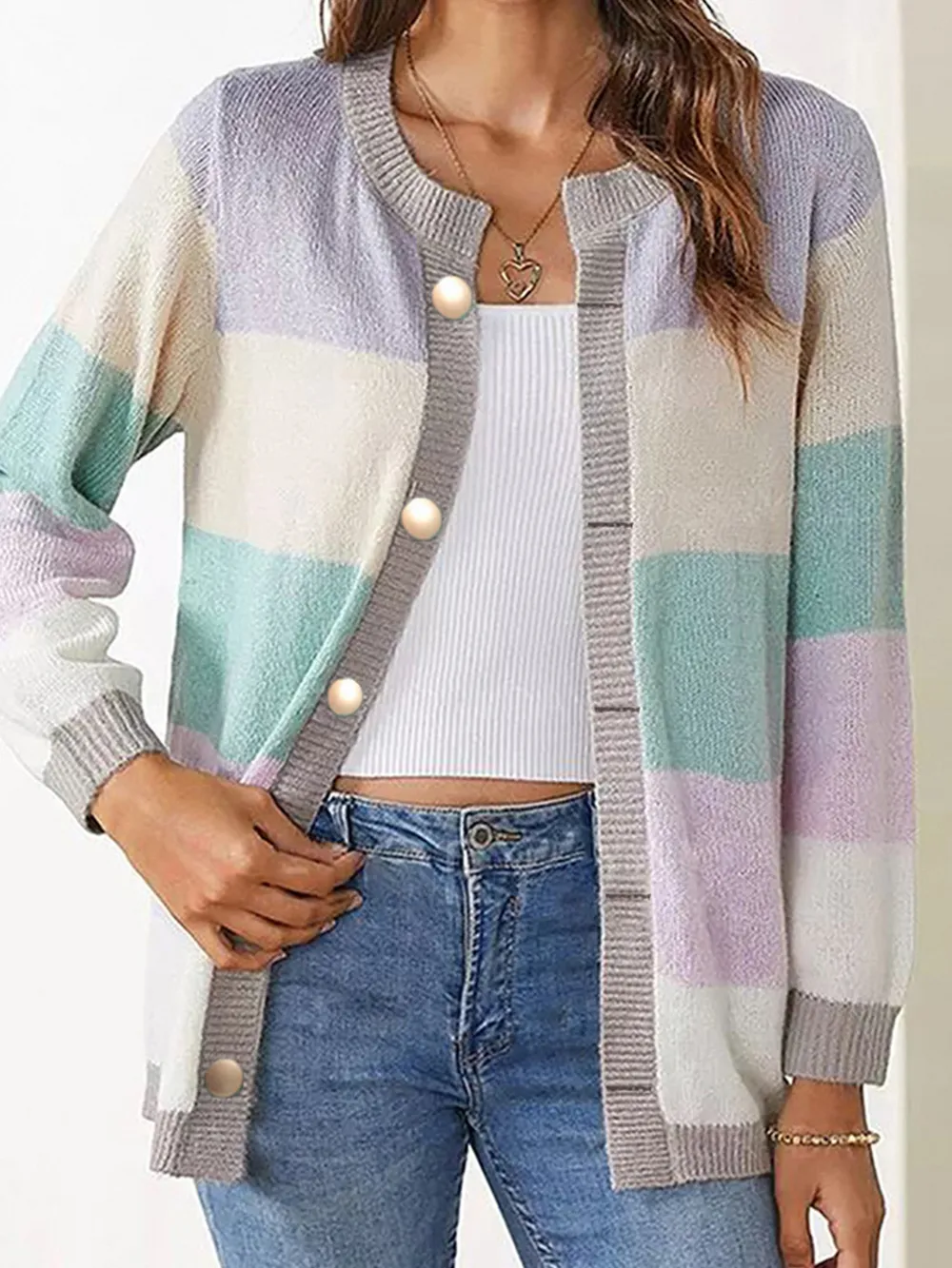 Color Block Button-Up Knit Cardigan, image 9