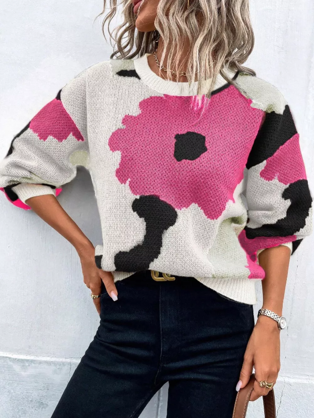 Floral Pattern Round Neck Sweater, image 8