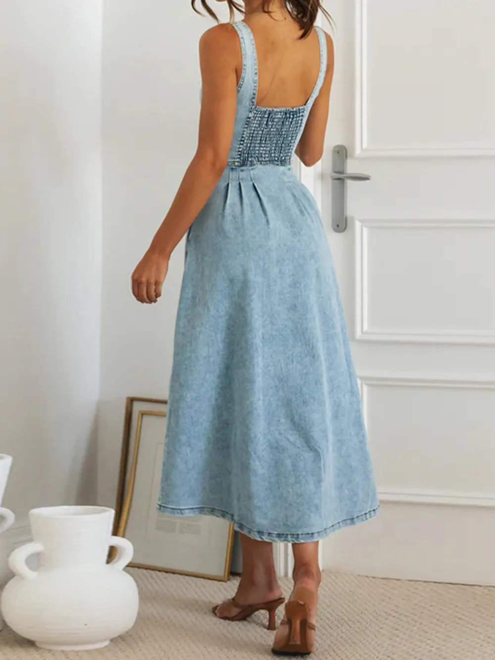 Sweetheart Neck Button-Front Midi Denim Dress, image 5