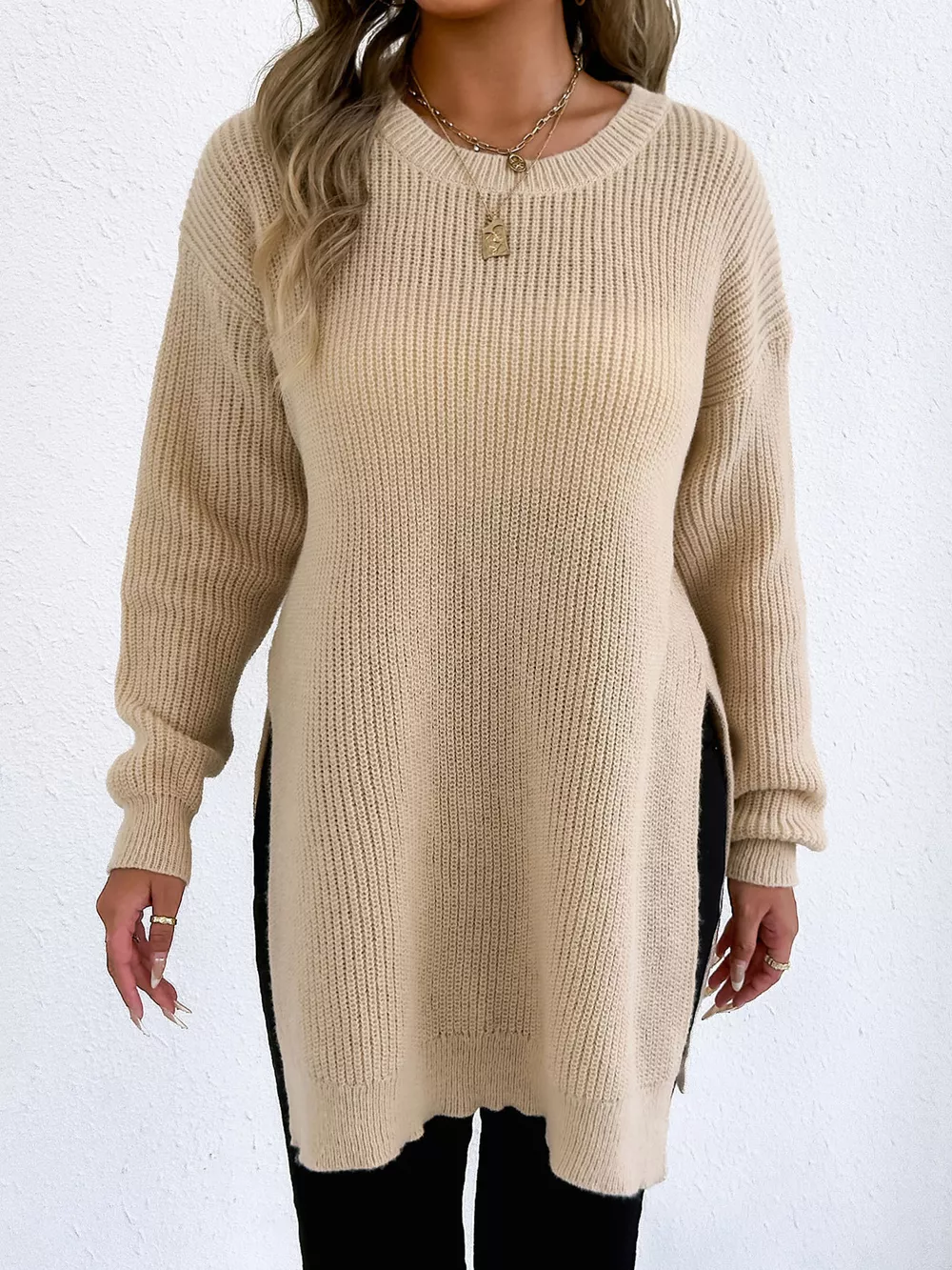Side-Slit Dropped Shoulder Sweater, image 3