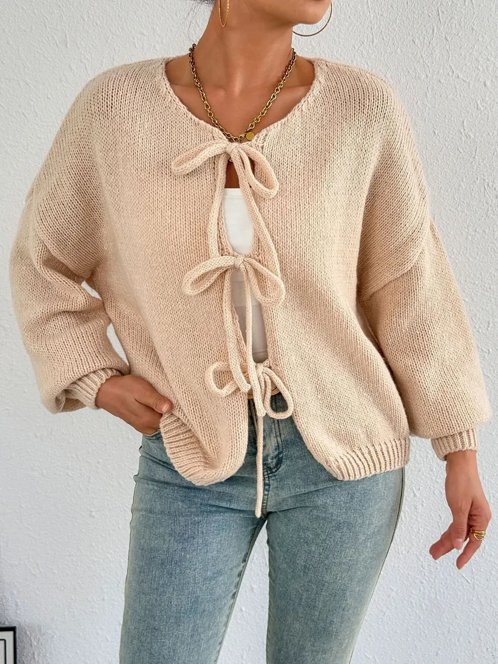 Cozy Bow-Tie Front Knit Cardigan