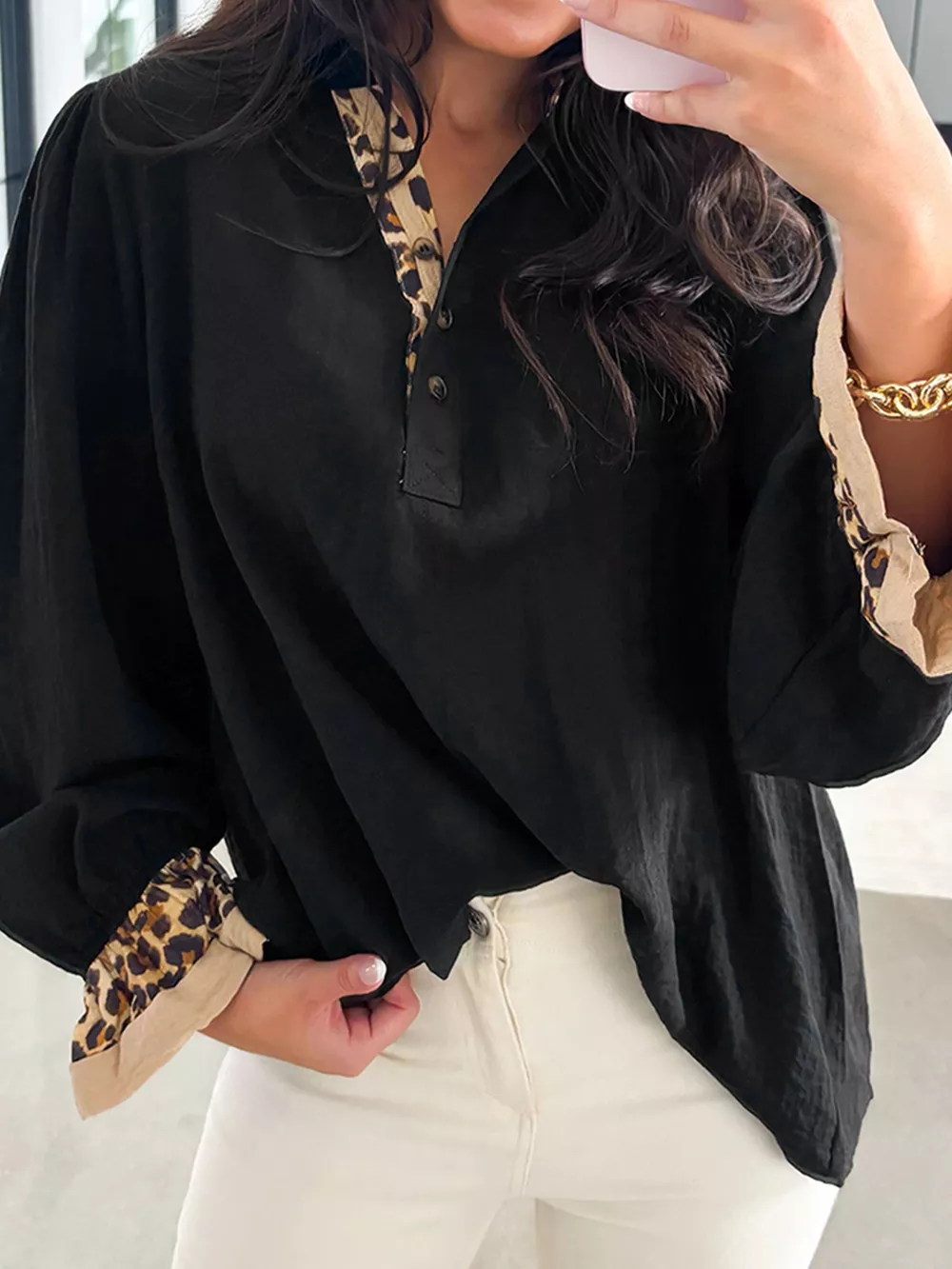 Contrast Leopard Print Patchwork Polo Collar Buttons Front Long Sleeve Blouse, image 5