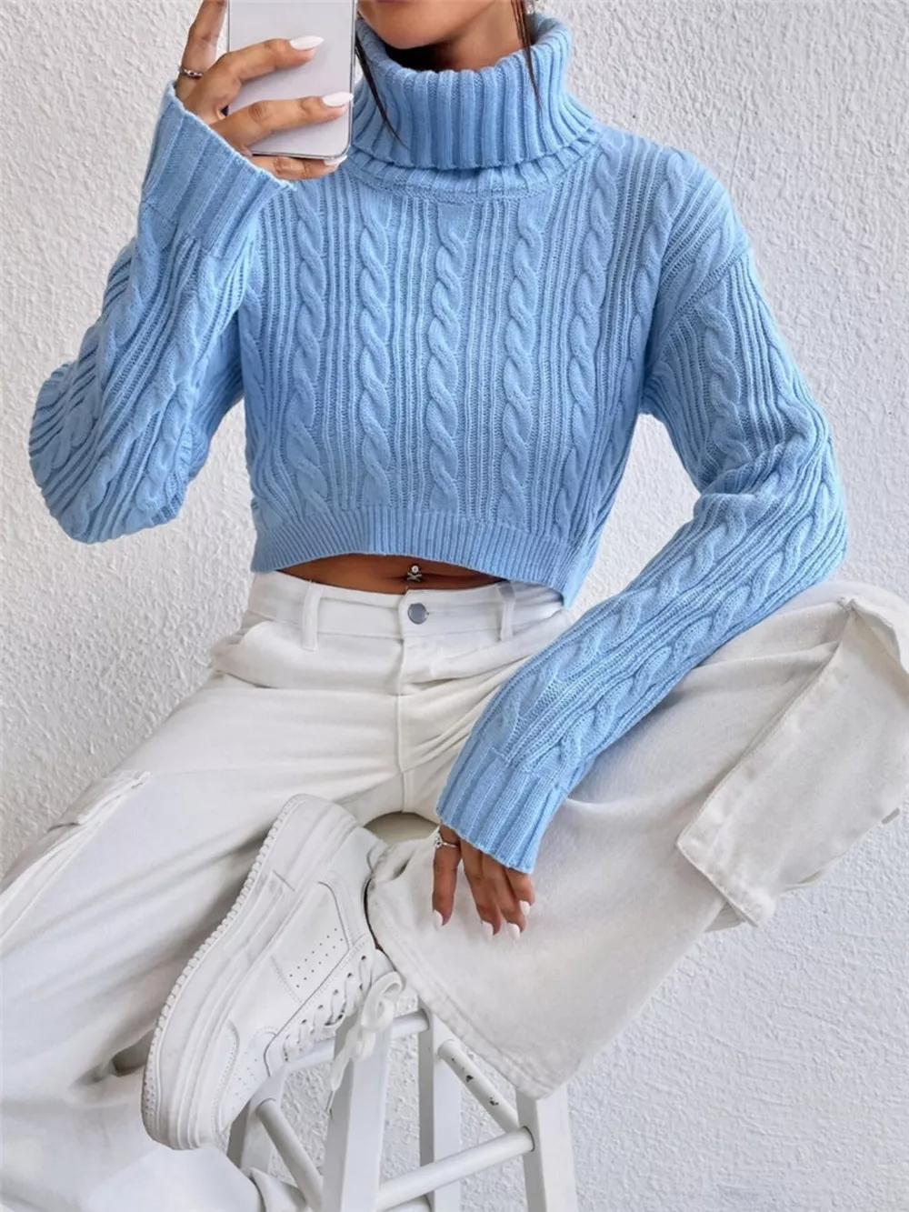 Cable-Knit Turtleneck Long Sleeve Sweater, image 5