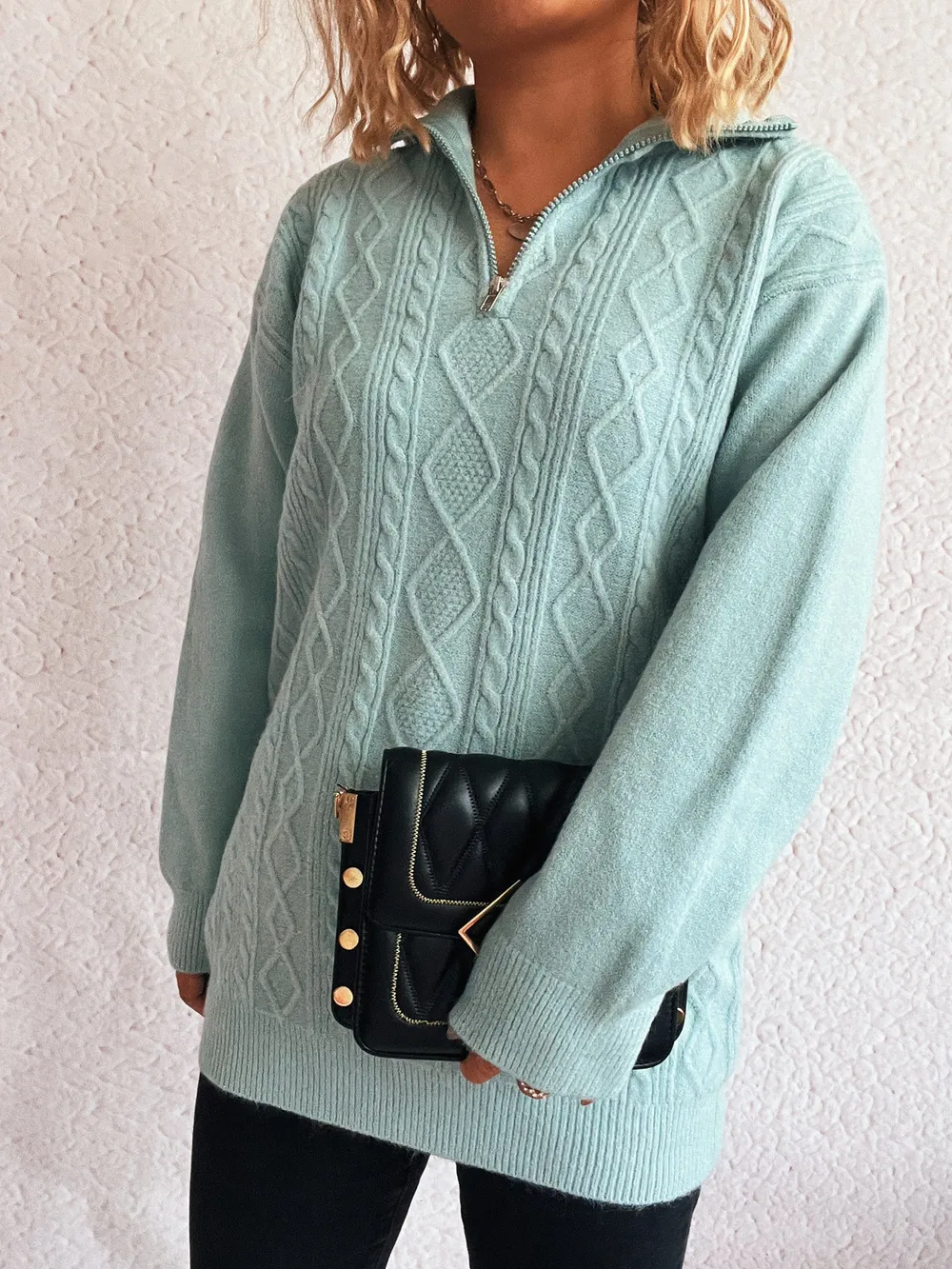 Texture Zip Collar Long Sleeve Sweater, image 4