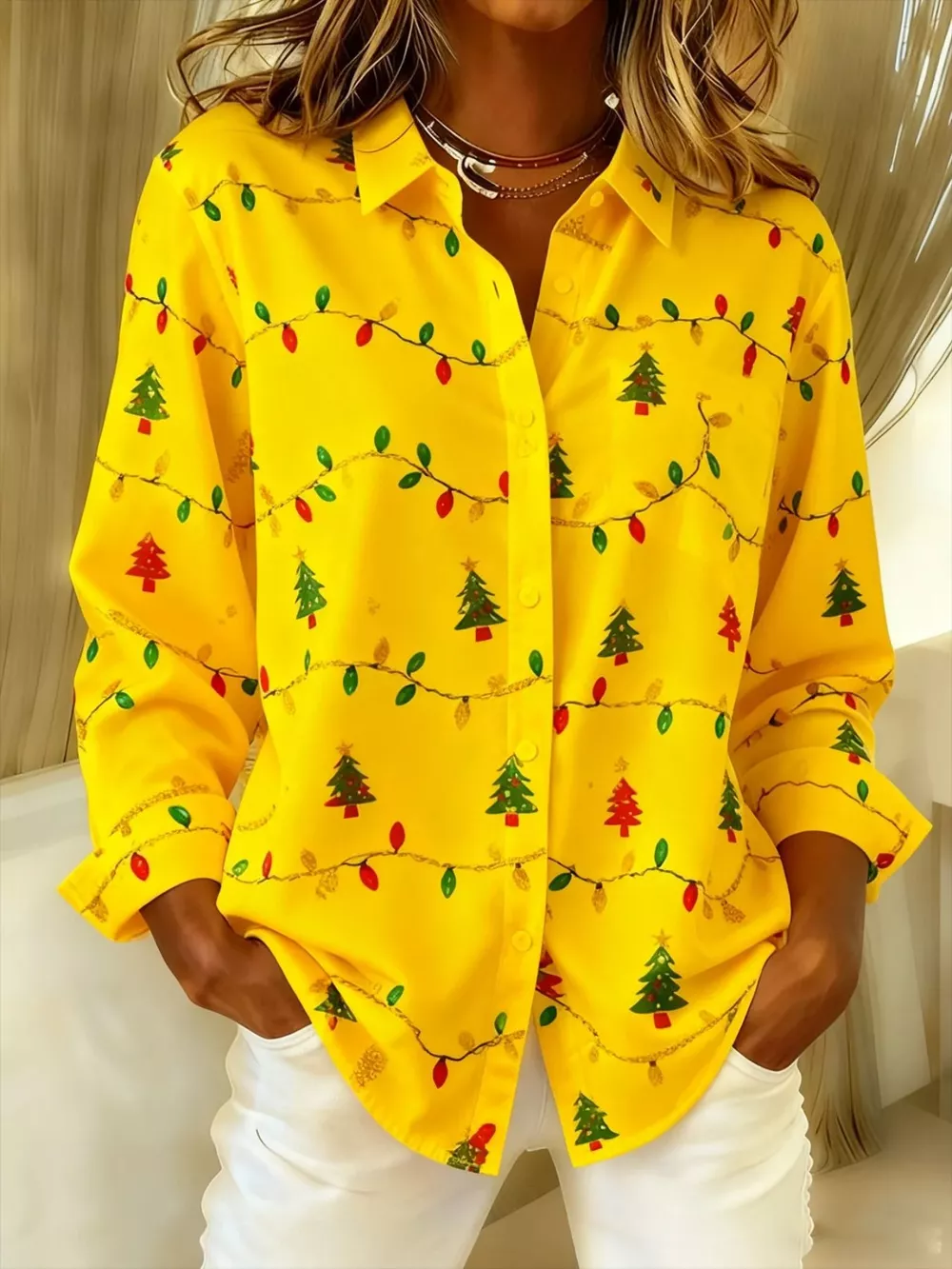Full Size Christmas Tree Print Long Sleeve Button-Down Shirt Plus Size, image 3