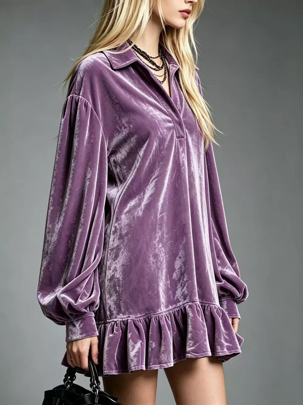 Full Size Velvet Ruffled Hem Long Sleeve Dress Plus Size, image 8