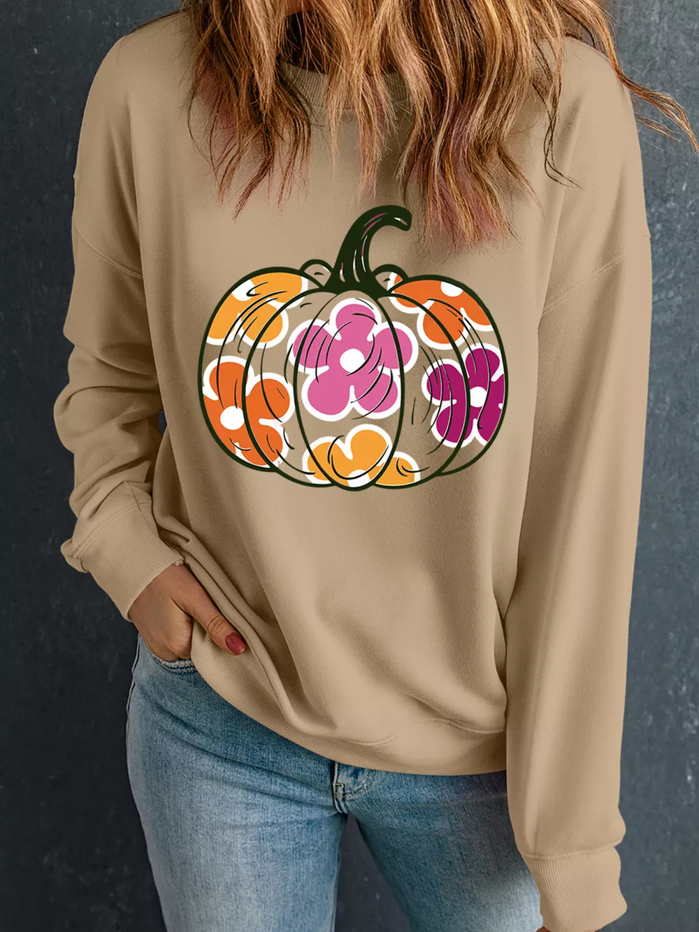 Halloween Floral Pumpkin Graphic Drop Shoulder Sweatshirt, image 2