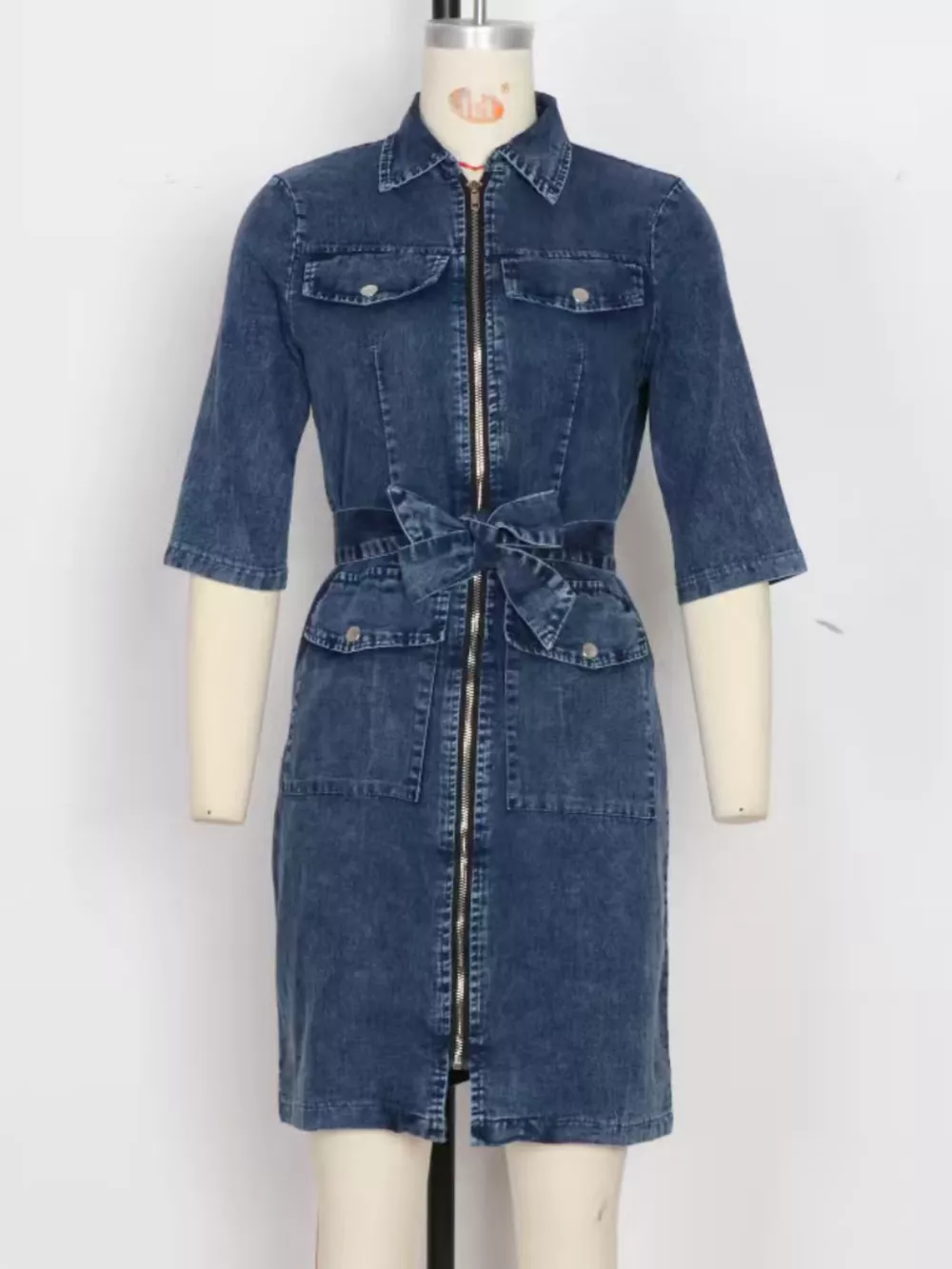Zipper Front Short Sleeve Denim Dress, image 10