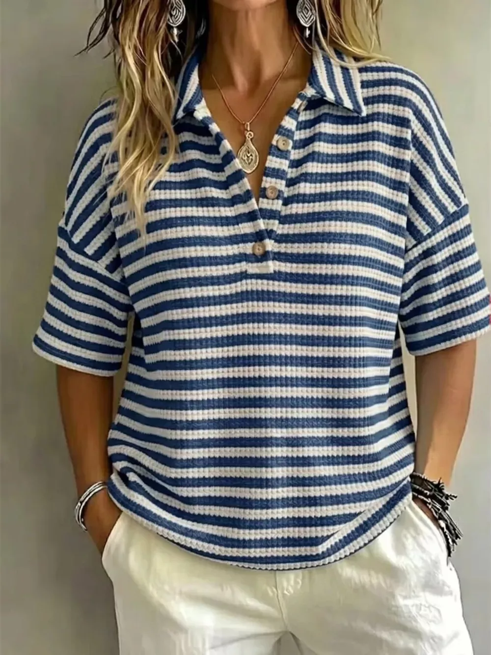 Full Size Contrast Striped Knit Polo Shirt Plus Size, image 11