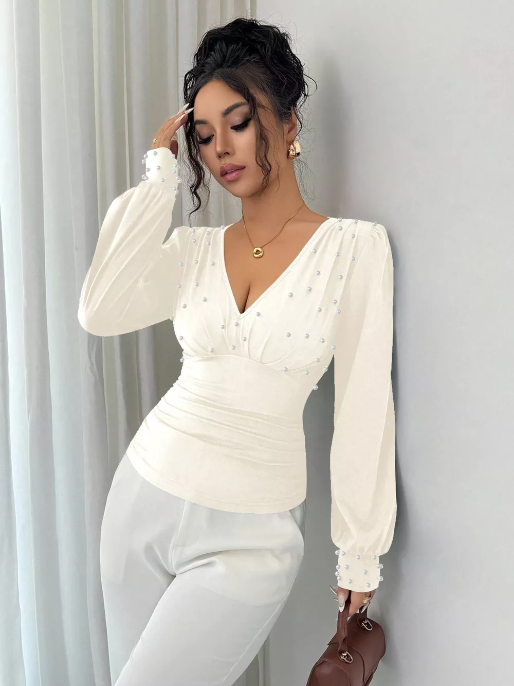 Pearl Embellished V-Neck Blouse, image 6