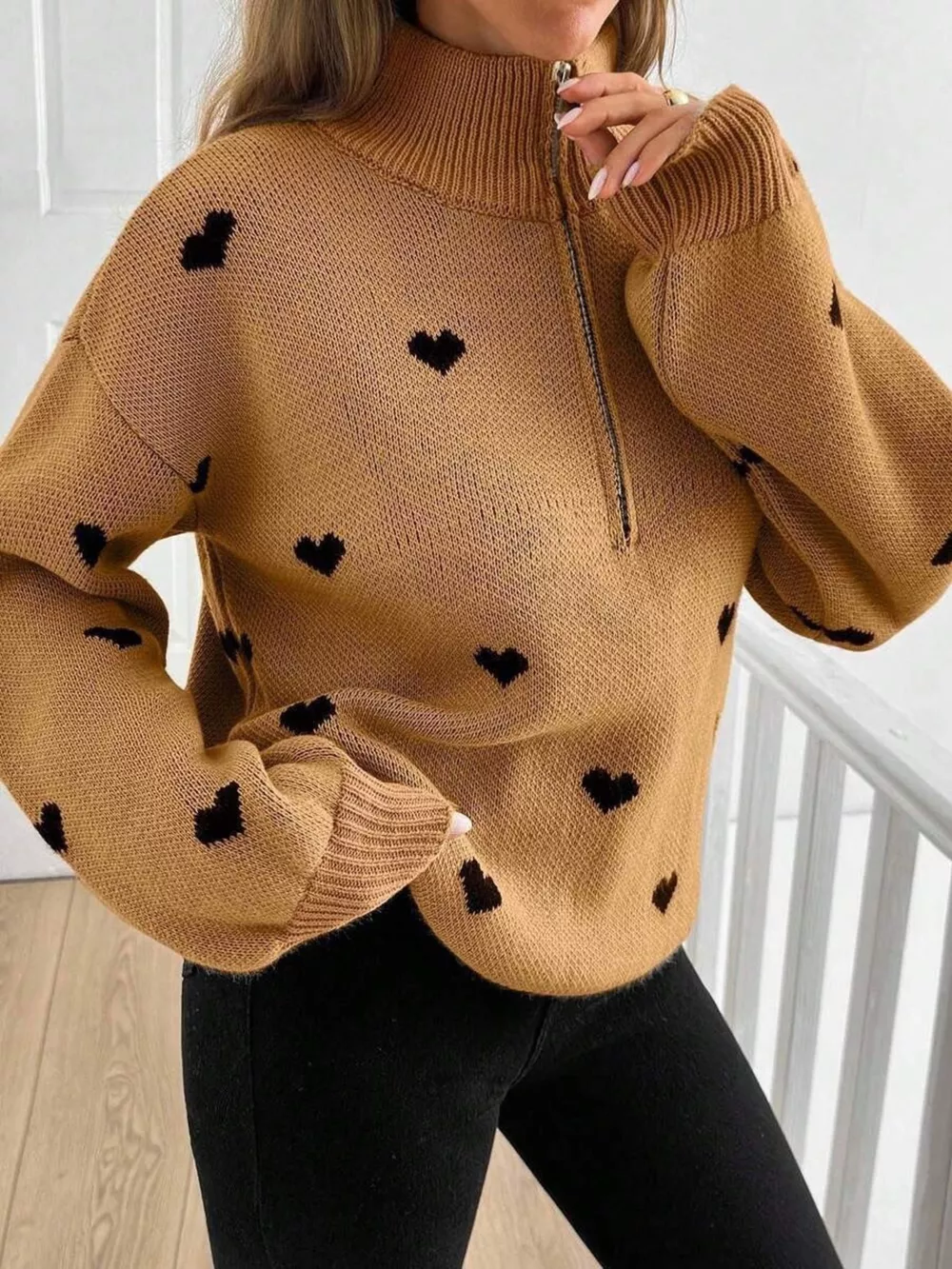 Full Size Heart Half-Zip Long Sleeve Sweater Plus Size, image 5
