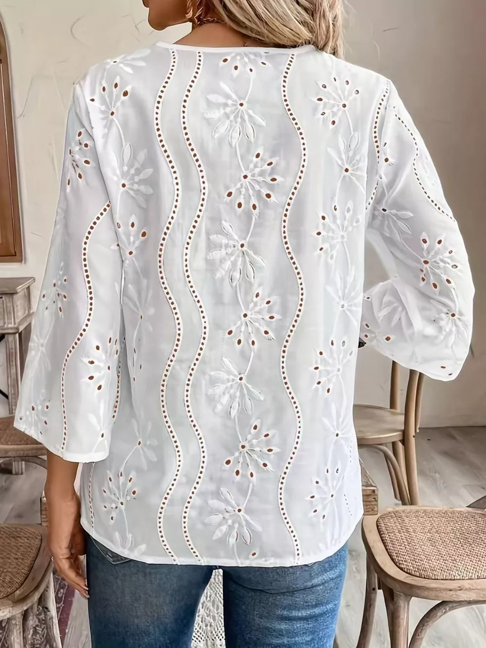 Full Size Embroidered Eyelet Long Sleeve Blouse Plus Size, image 2