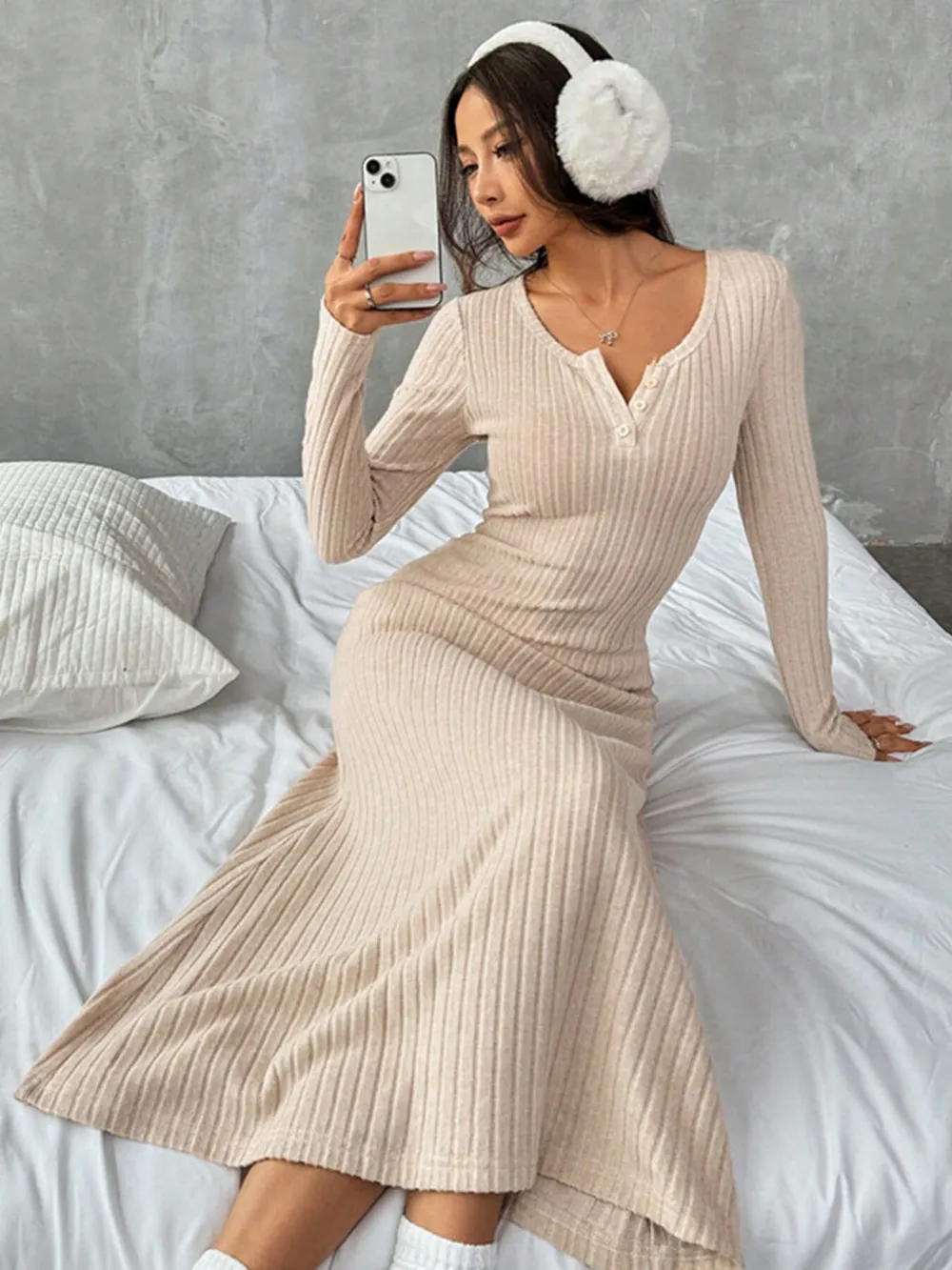 Ribbed Long Sleeve Knit Dress, image 2
