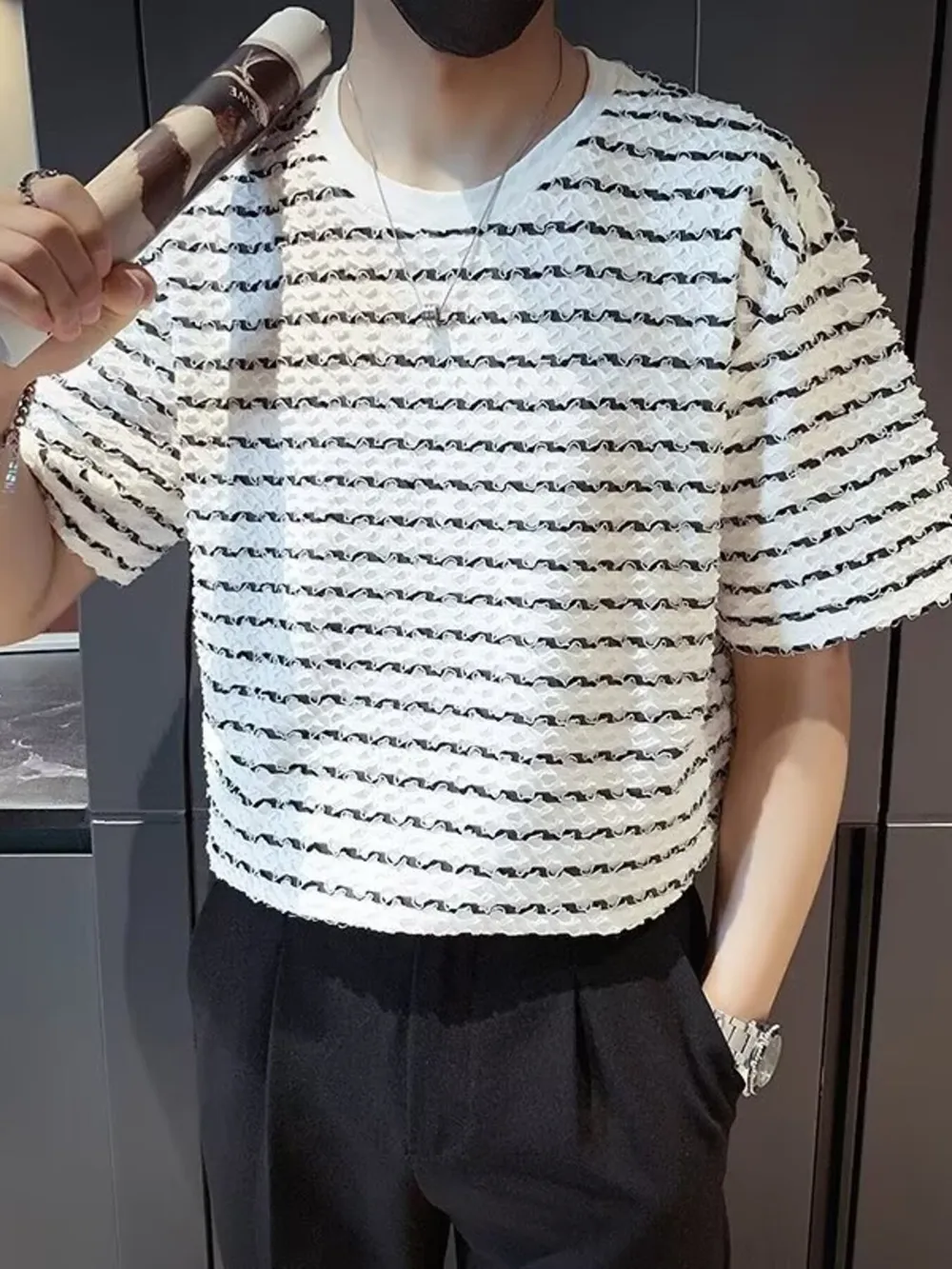 Men's Plus Size Casual Striped Wave Pattern Short Sleeve T-Shirt