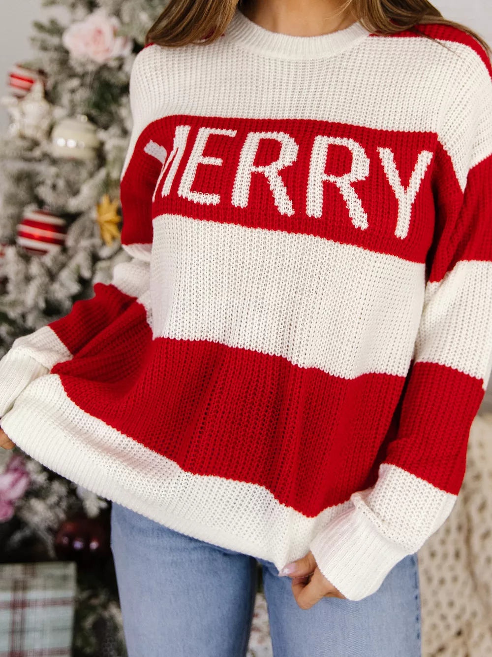 Stripe MERRY Drop Shoulder Long Sleeve Christmas Sweater, image 8