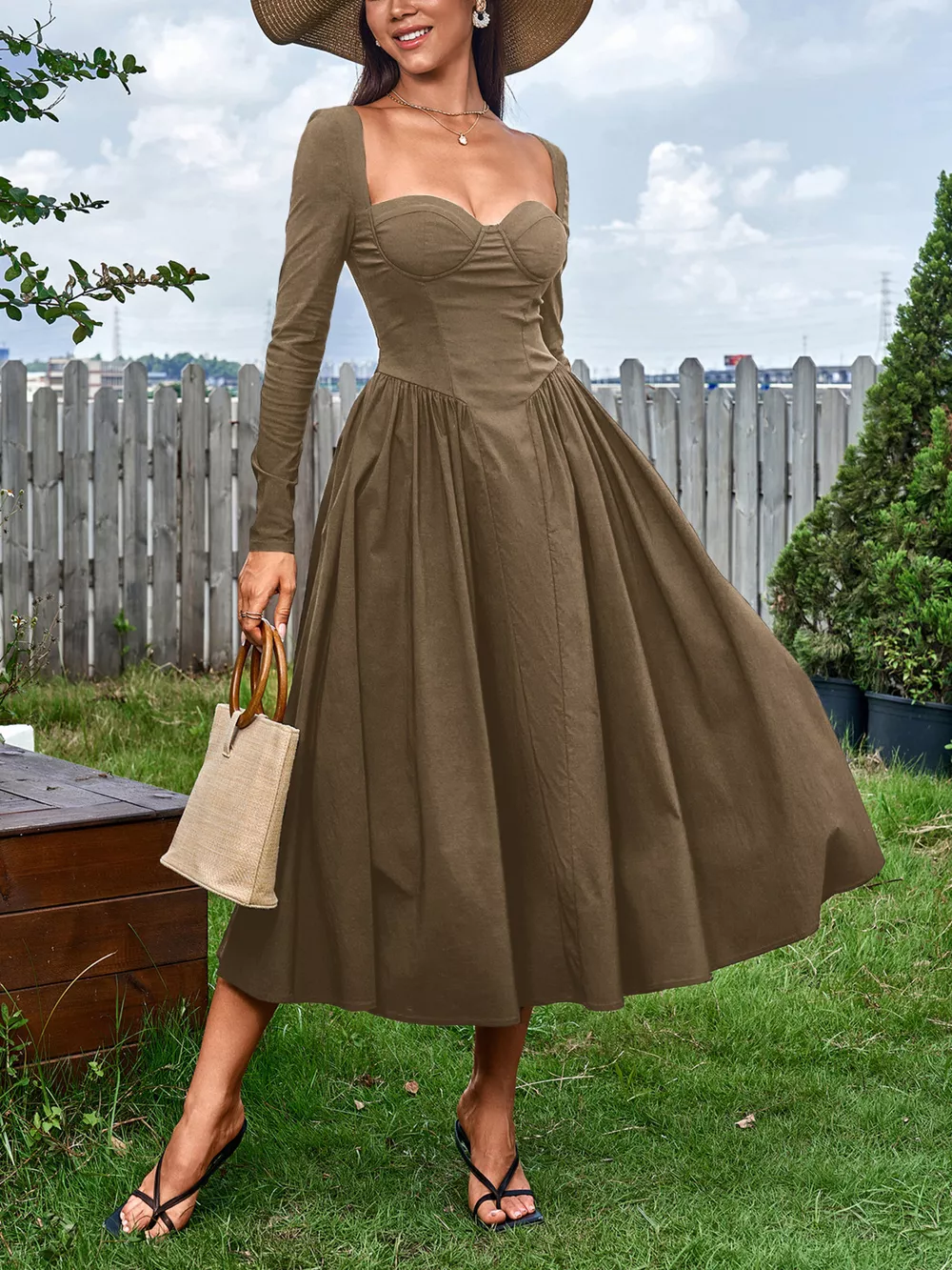 Sweetheart Neckline Long Sleeve A-Line Midi Dress, image 10
