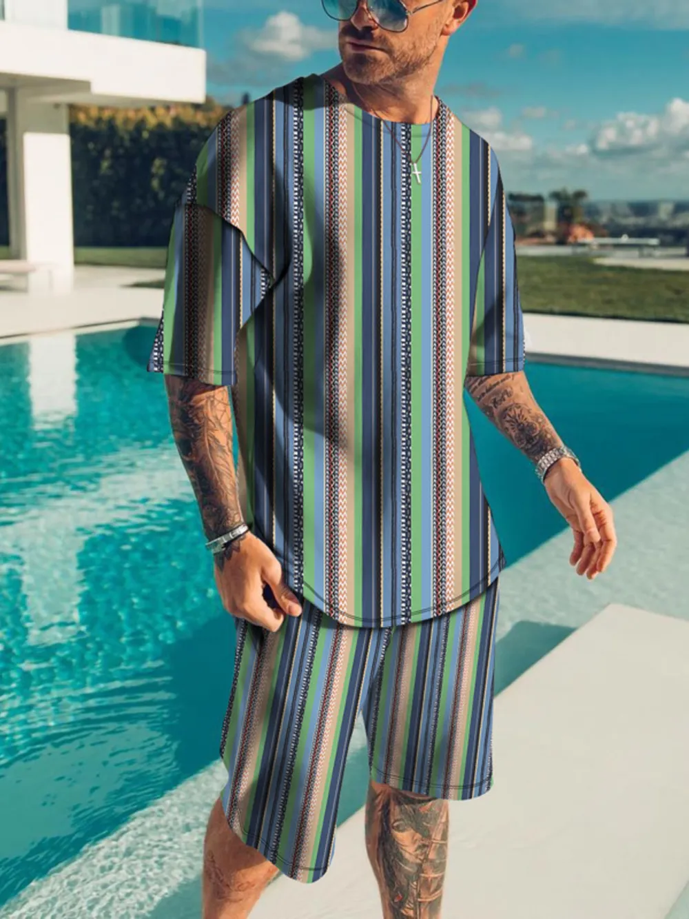 Men's Full Size Striped Short Sleeve Top and Shorts Set Plus Size, image 4