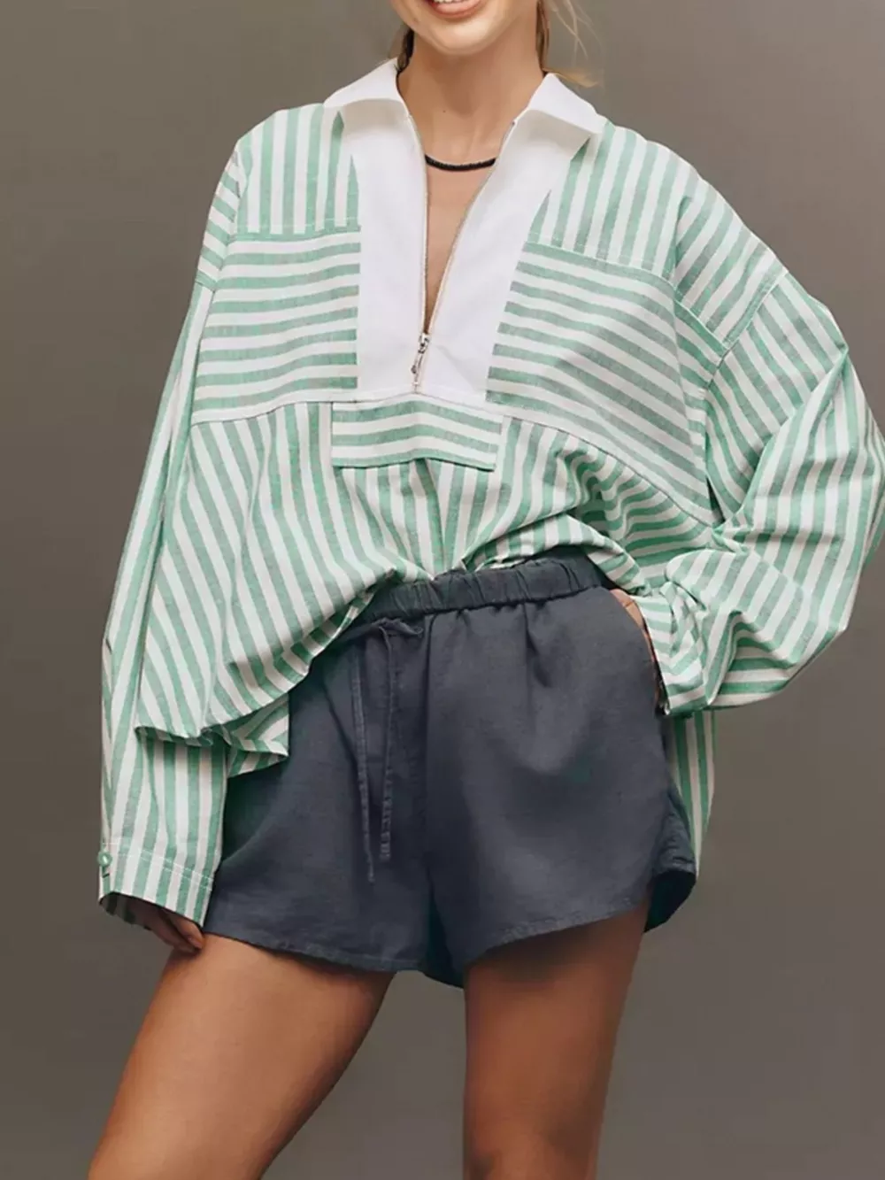 Stripe Half Zip Long Sleeve Swing Top, image 5
