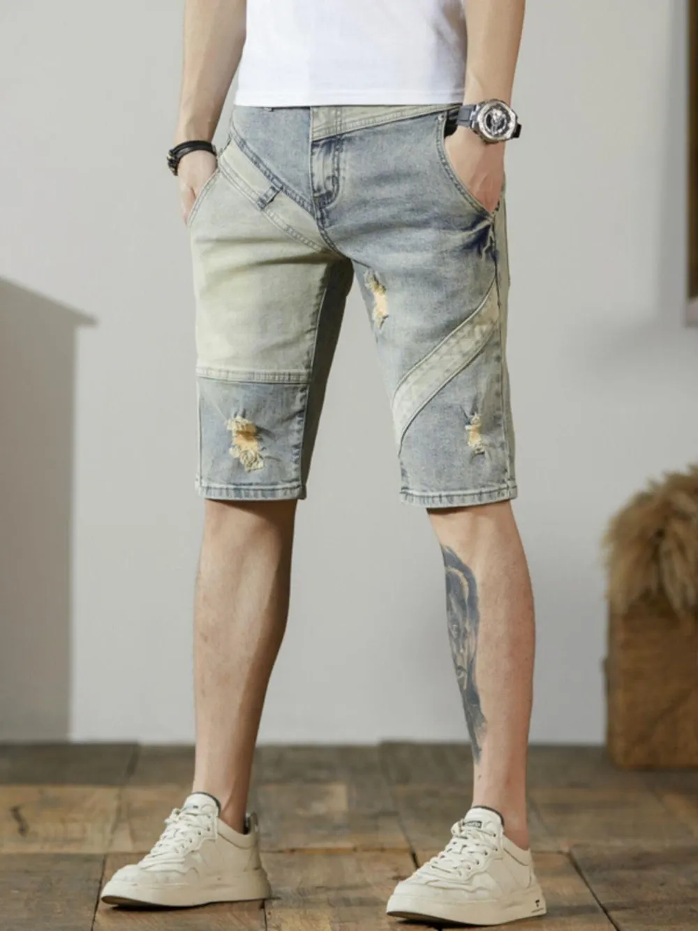 Men's Distressed Wash Denim Shorts, image 4