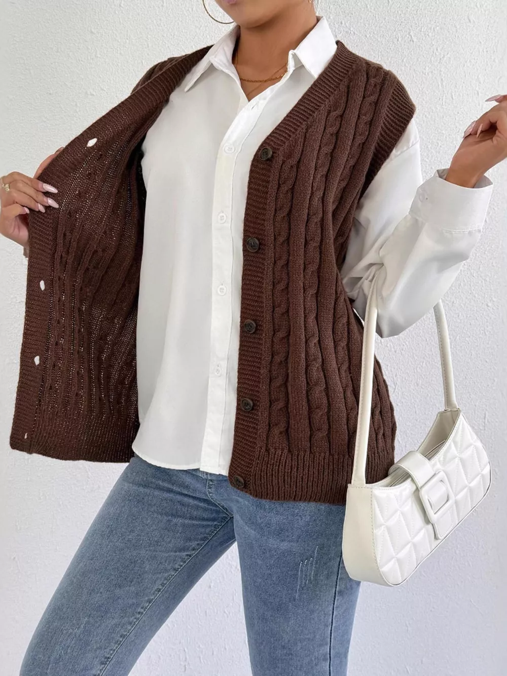 Cable-Knit Button-Up Sweater Vest, image 5