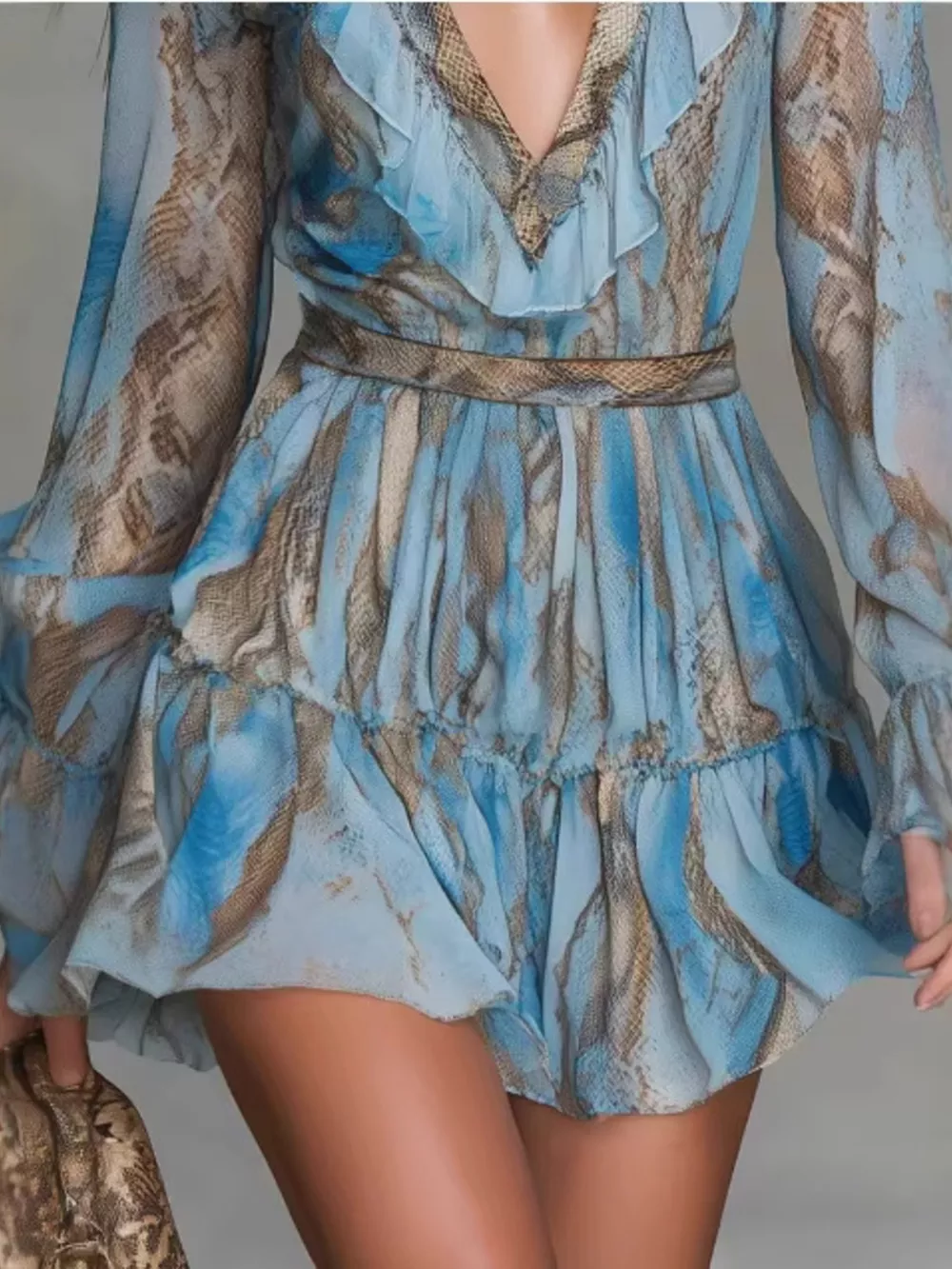 Boho Chic V-Neck Ruffled Long Sleeve Mini Dress, image 3