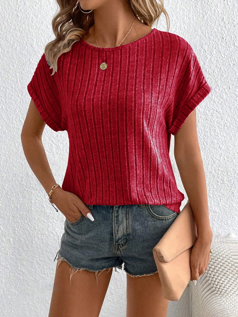 Plus Size Ribbed Texture Short Sleeve T-Shirt, image 9