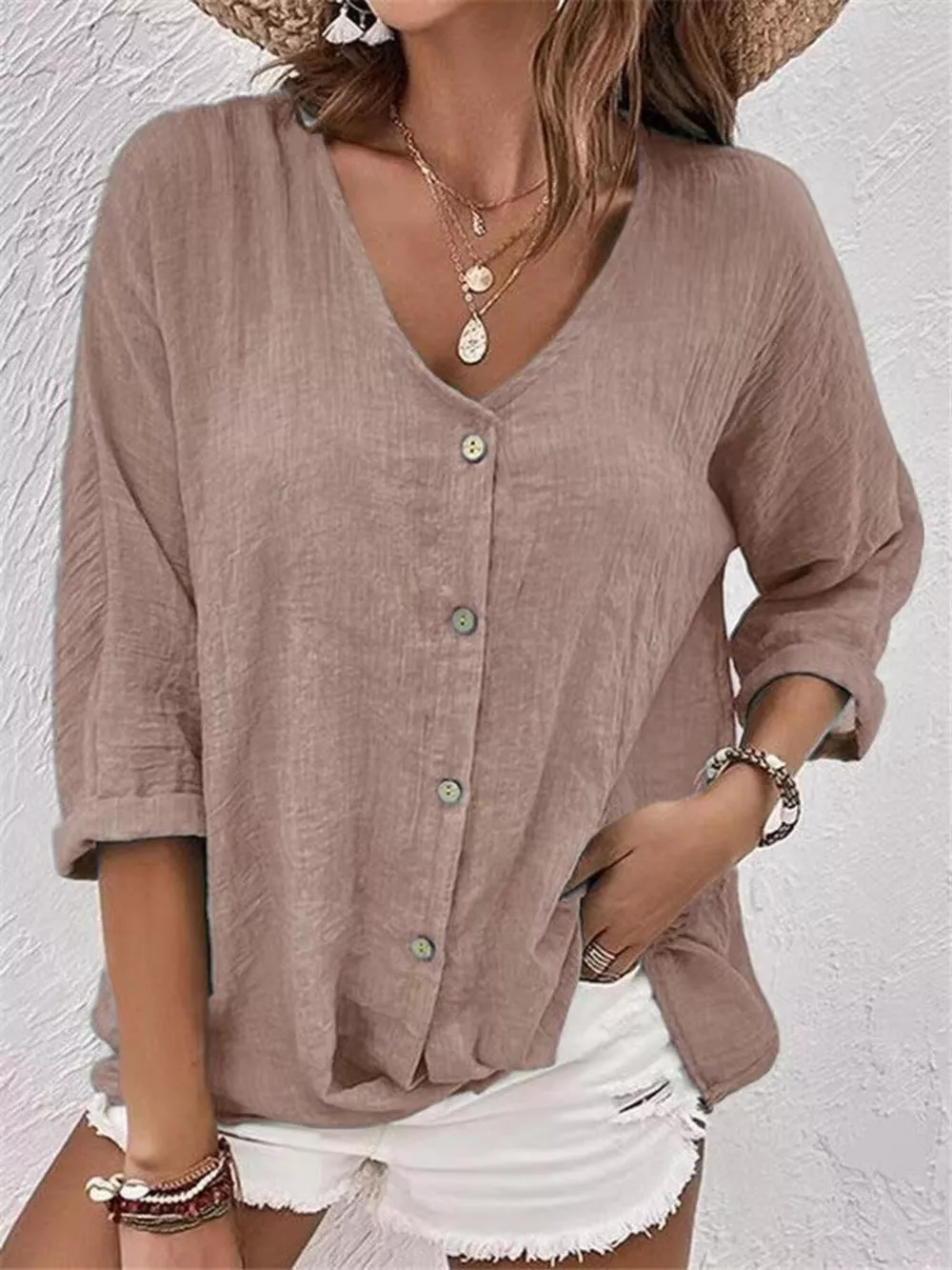 Full Size Casual V-Neck Button-Down Blouse Plus Size, image 10