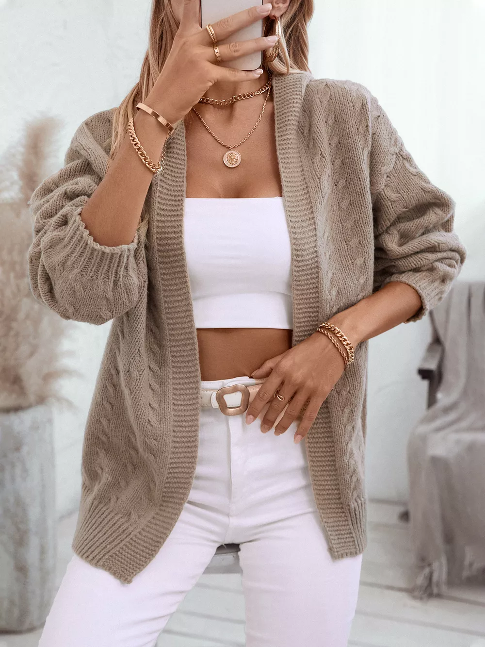 Cable Knit Open Front Hooded Cardigan, image 2