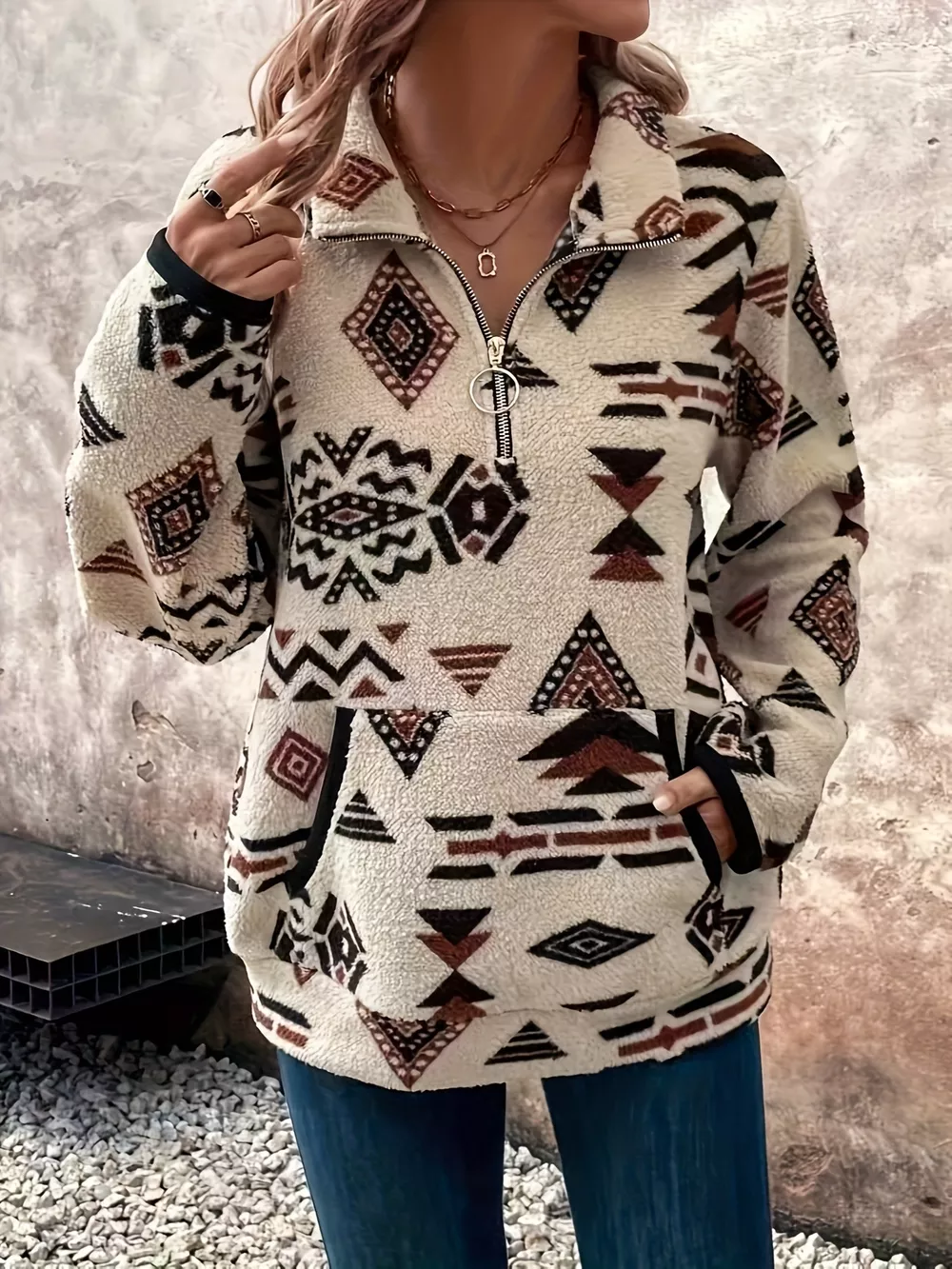 Geometric Half Zip Long Sleeve Sweatshirt, image 4